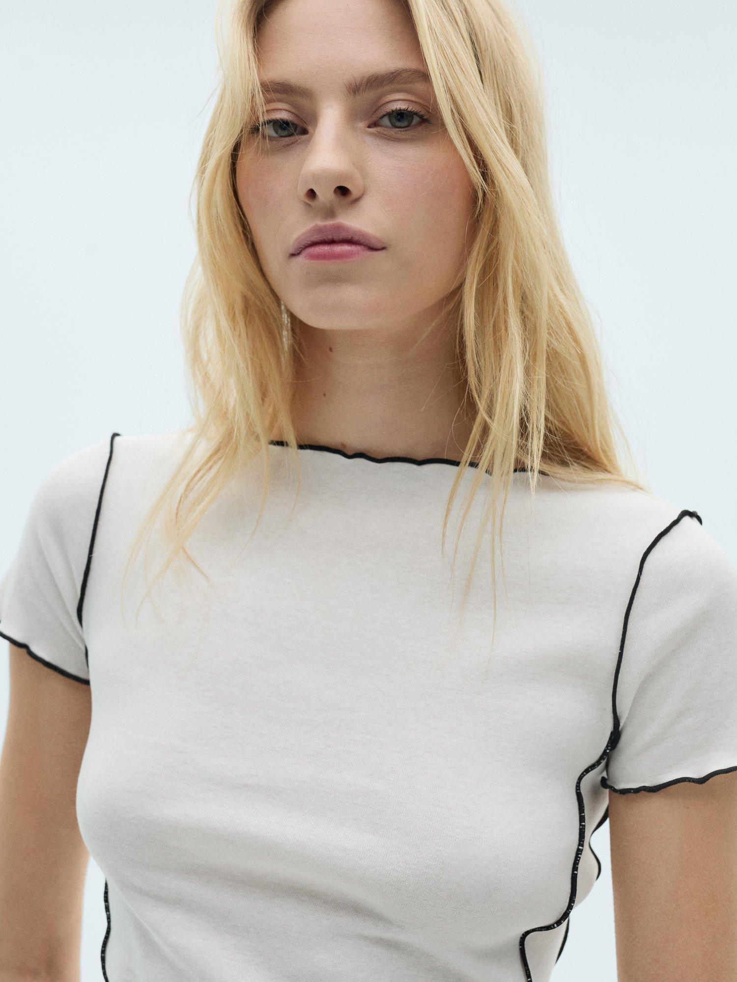 Product image 6 of 7, which shows Mango Curlita Cotton Contrast Trim Top, White, M