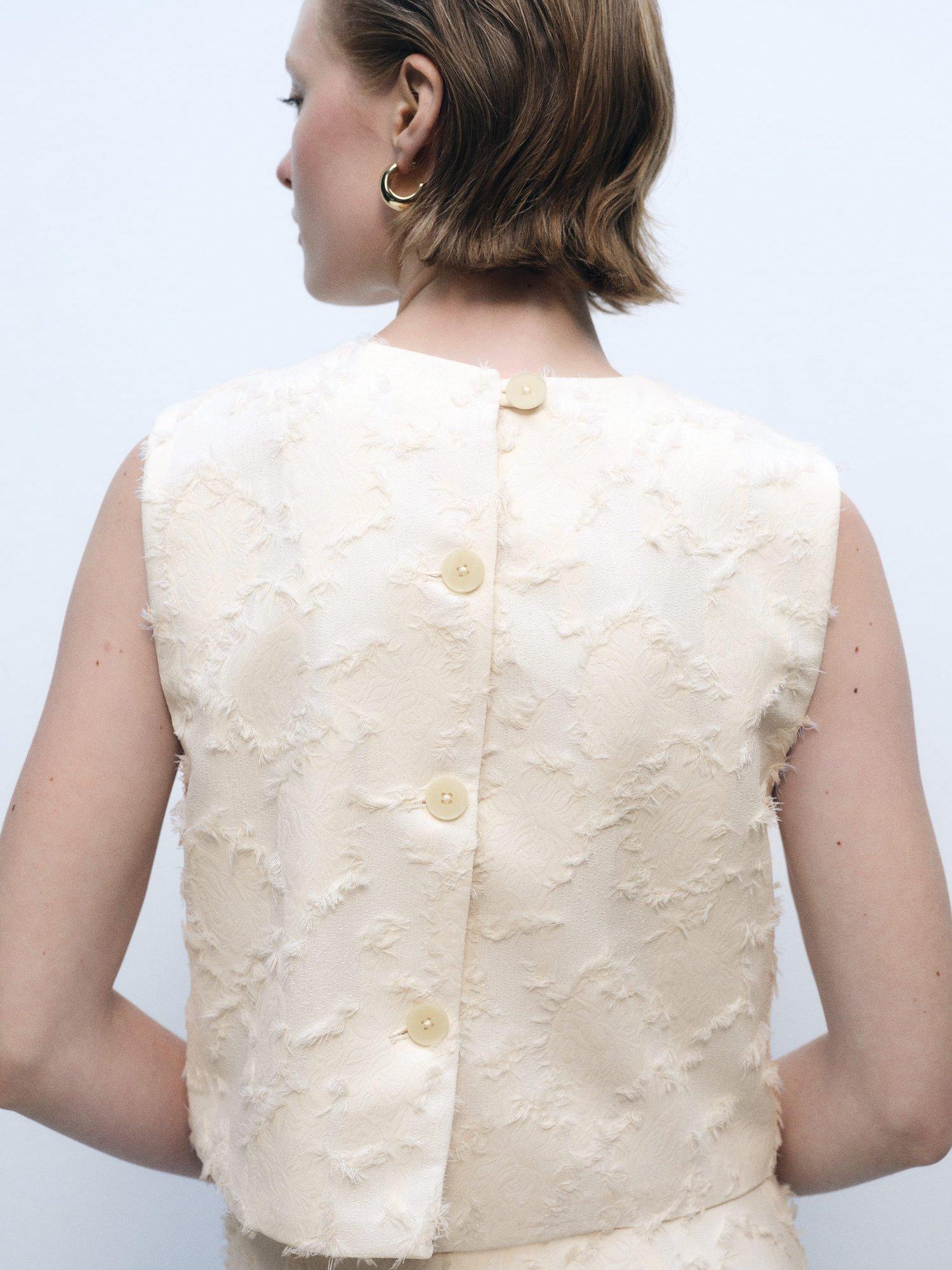 Product image 4 of 8, which shows Mango Floc Textured Sleeveless Crop Top, Natural White, L