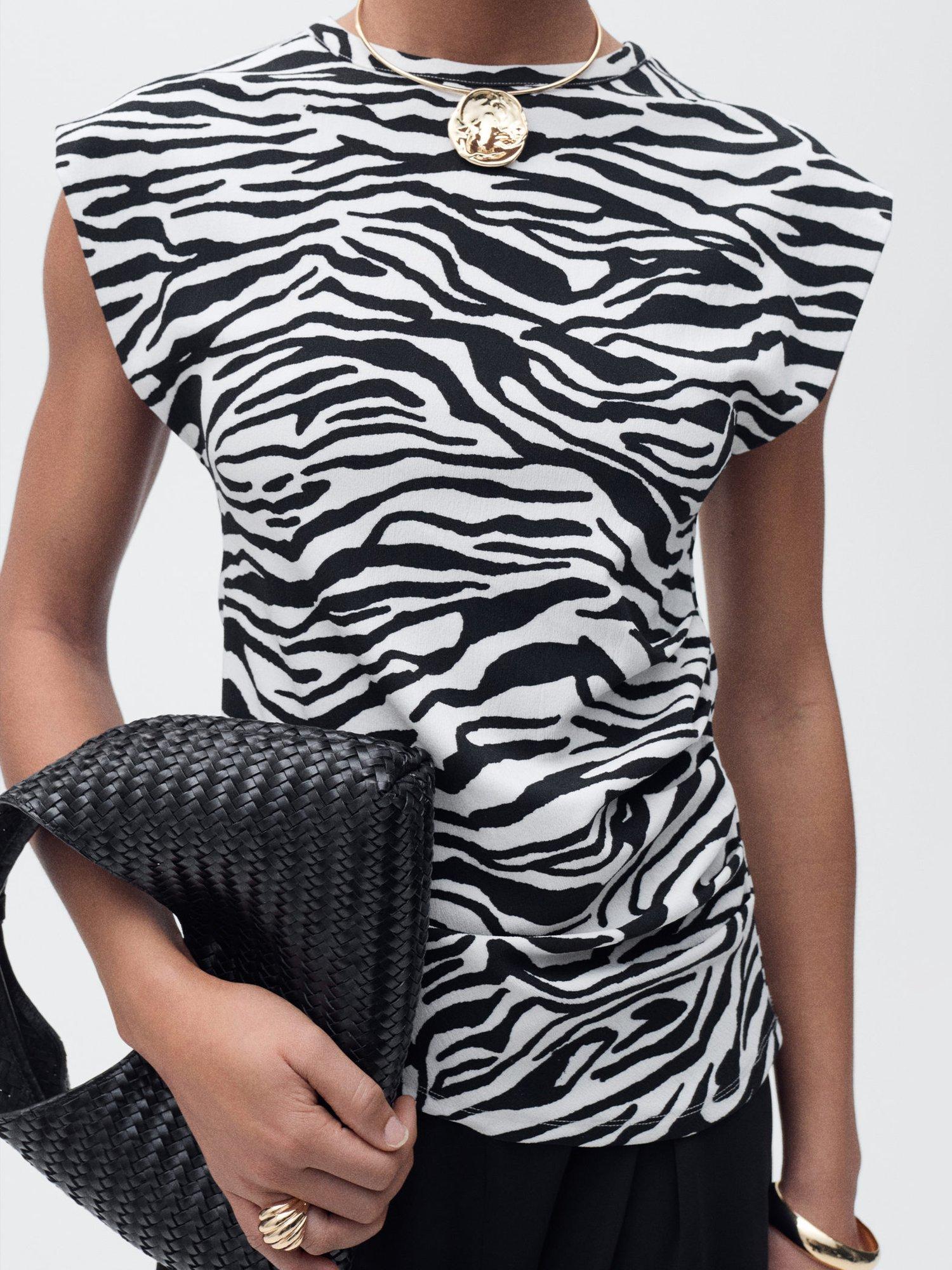 Mango Irma Short Sleeved Asymmetric Zebra Print T-Shirt, Black