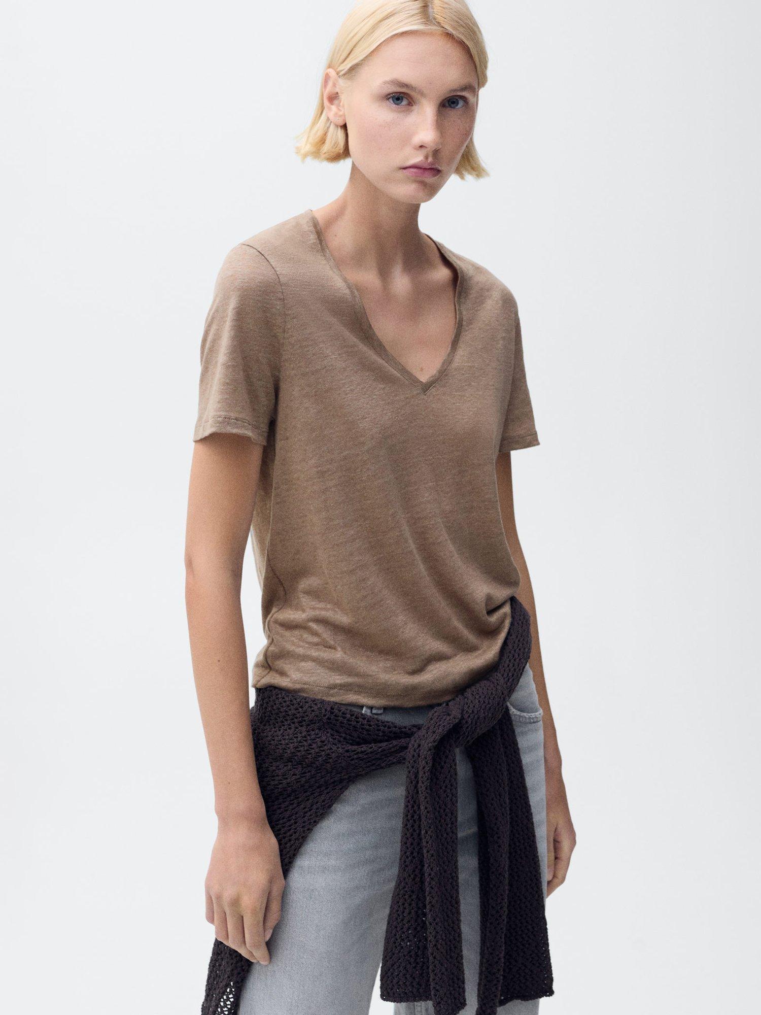 Mango Linito V Neck Linen T-Shirt