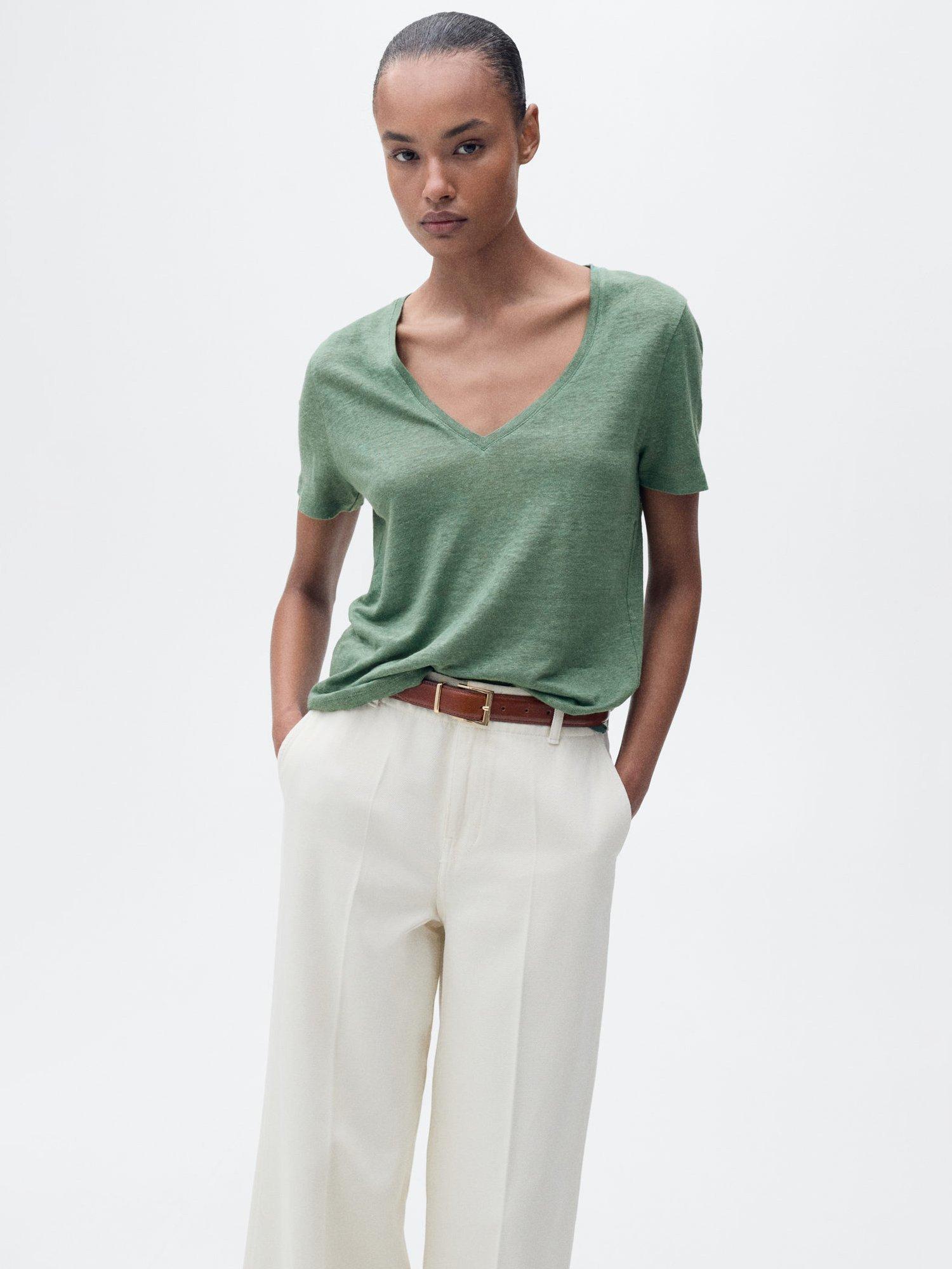Product image 1 of 8, which shows Mango Linito V-Neck Pure Linen T-Shirt, Green, XS