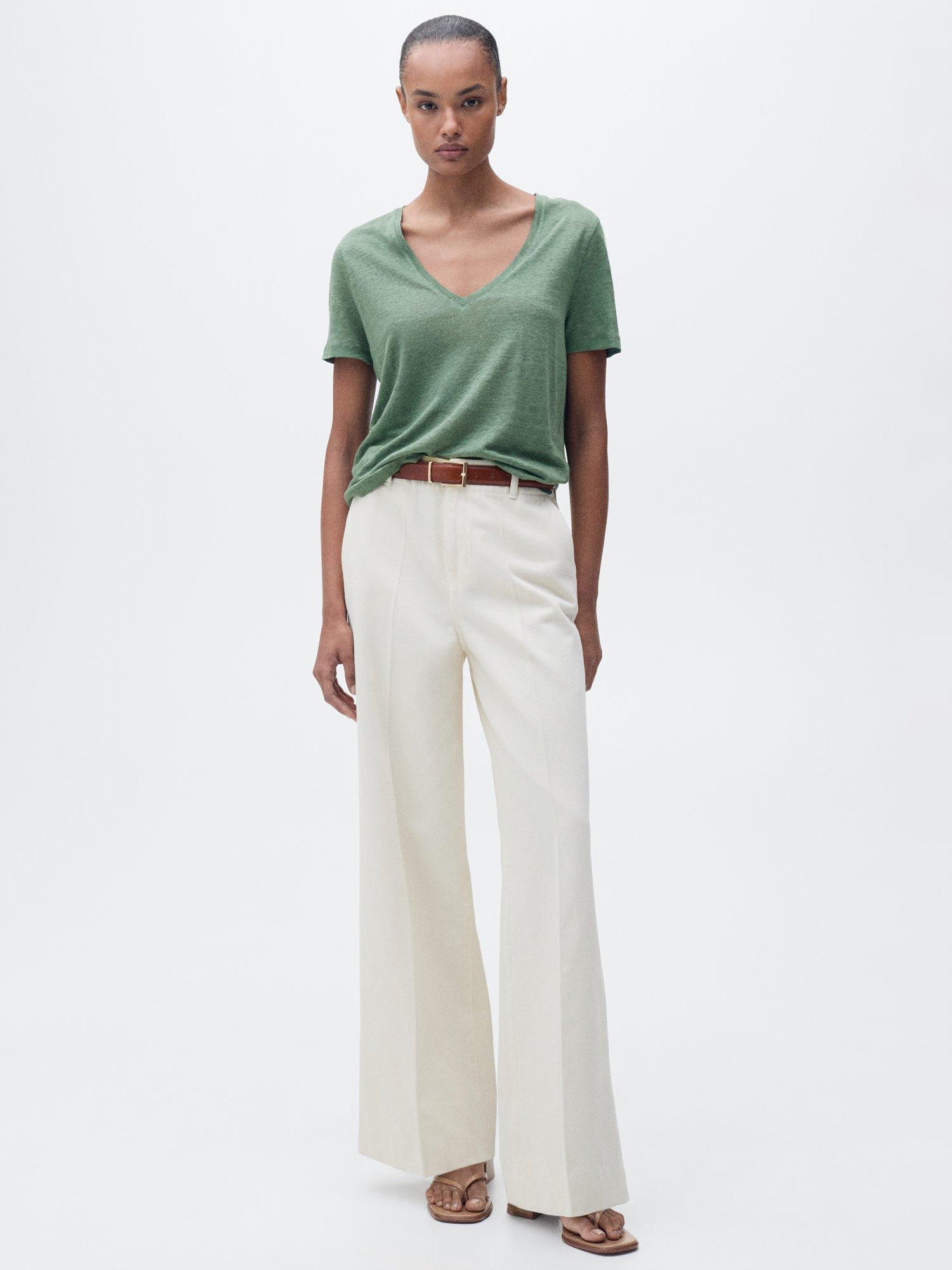 Product image 2 of 8, which shows Mango Linito V-Neck Pure Linen T-Shirt, Green, XS