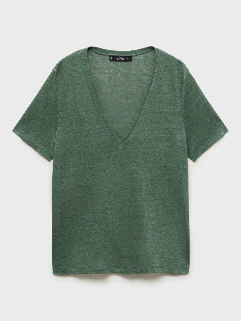 Product image 3 of 8, which shows Mango Linito V-Neck Pure Linen T-Shirt, Green, XS