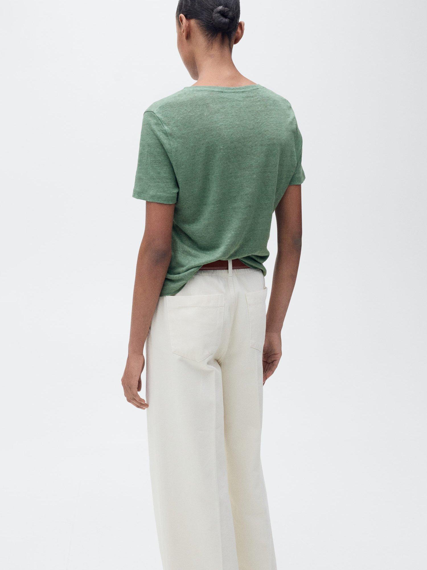 Product image 4 of 8, which shows Mango Linito V-Neck Pure Linen T-Shirt, Green, XS