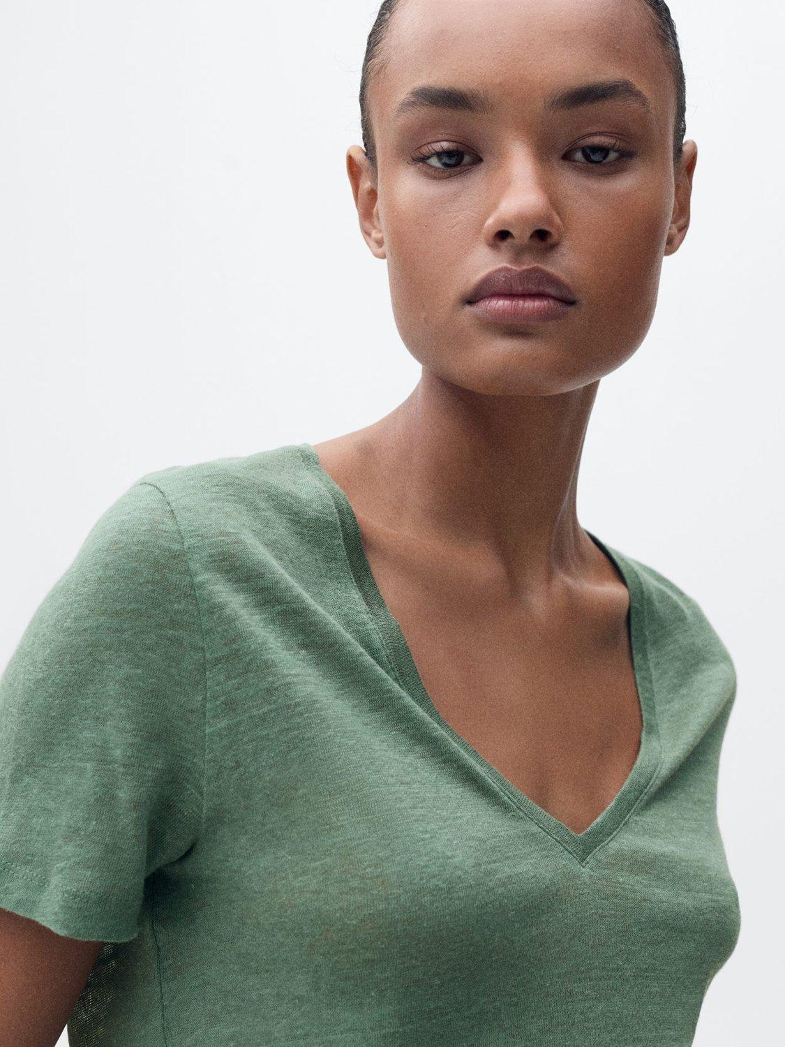 Product image 6 of 8, which shows Mango Linito V-Neck Pure Linen T-Shirt, Green, XS