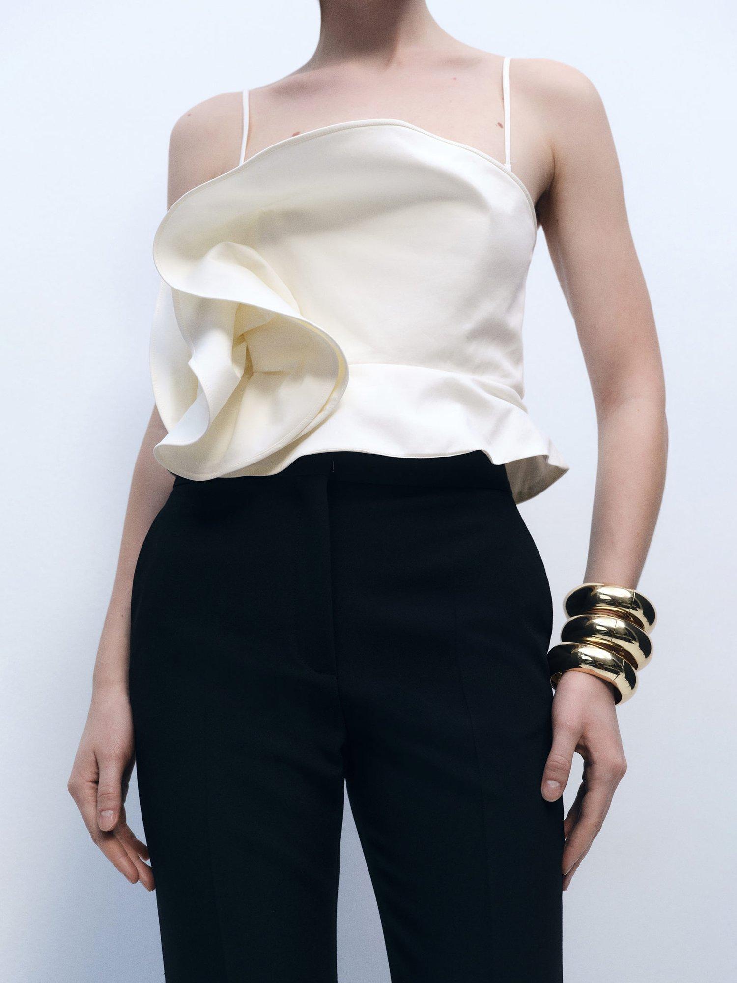 Product image 1 of 8, which shows Mango Pruna Frill Detail Strappy Top, Natural White, XXS