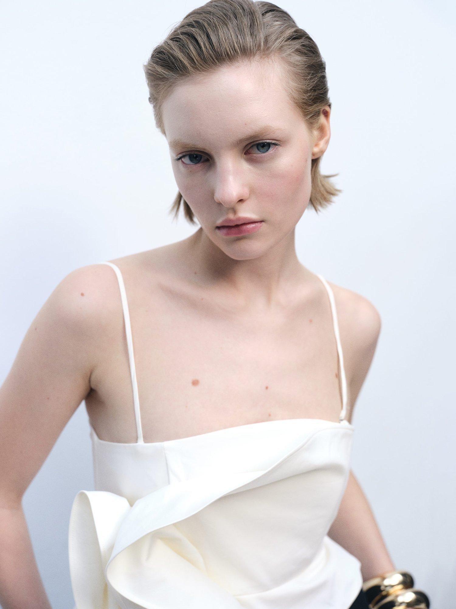 Product image 6 of 8, which shows Mango Pruna Frill Detail Strappy Top, Natural White, XXS