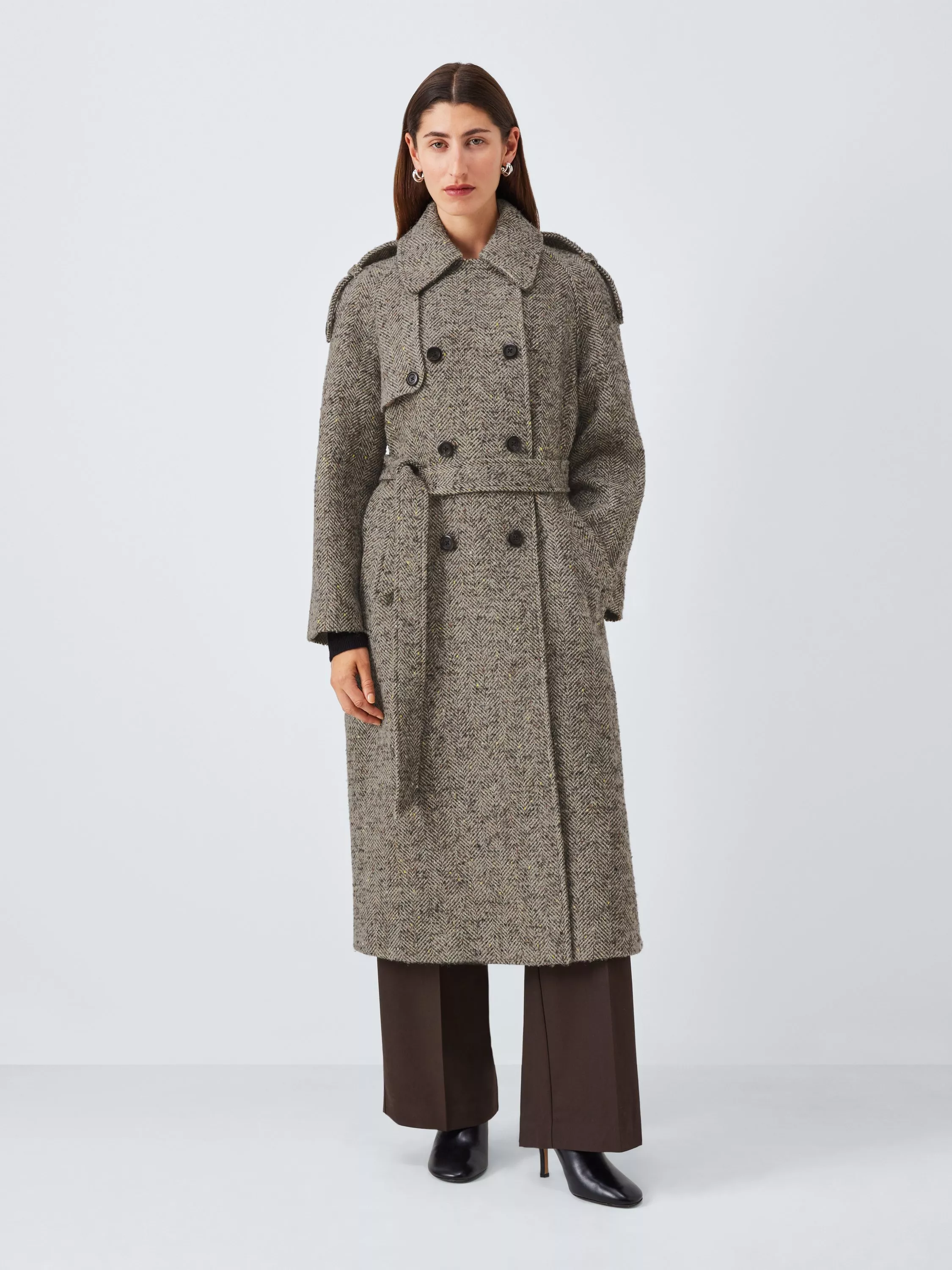 John Lewis Textured Herringbone Wool Blend Trench Coat, Multi