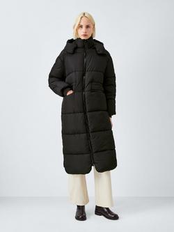 John Lewis Longline Hooded Puffer Coat, Black, Black