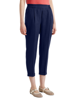 Benetton Straight Cropped Pure Linen Trousers, Night Blue