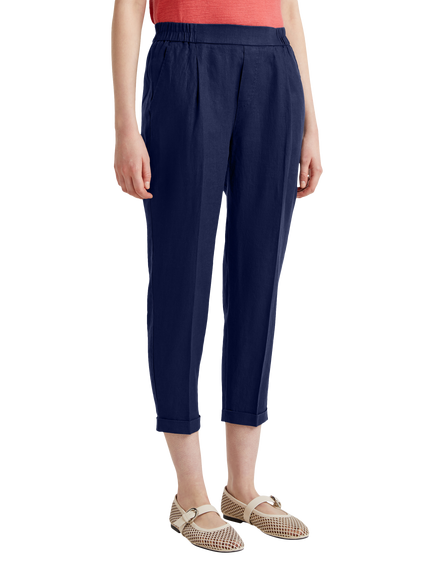 Benetton Straight Cropped Pure Linen Trousers, Night Blue