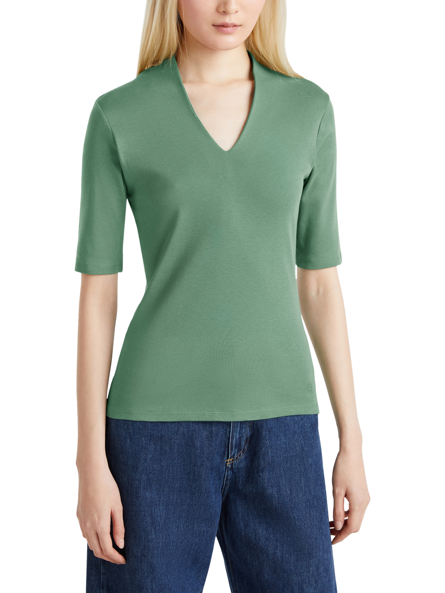 Product image 1 of 4, which shows Benetton Slim Fit V-Neck T-Shirt, Forest Green, XS