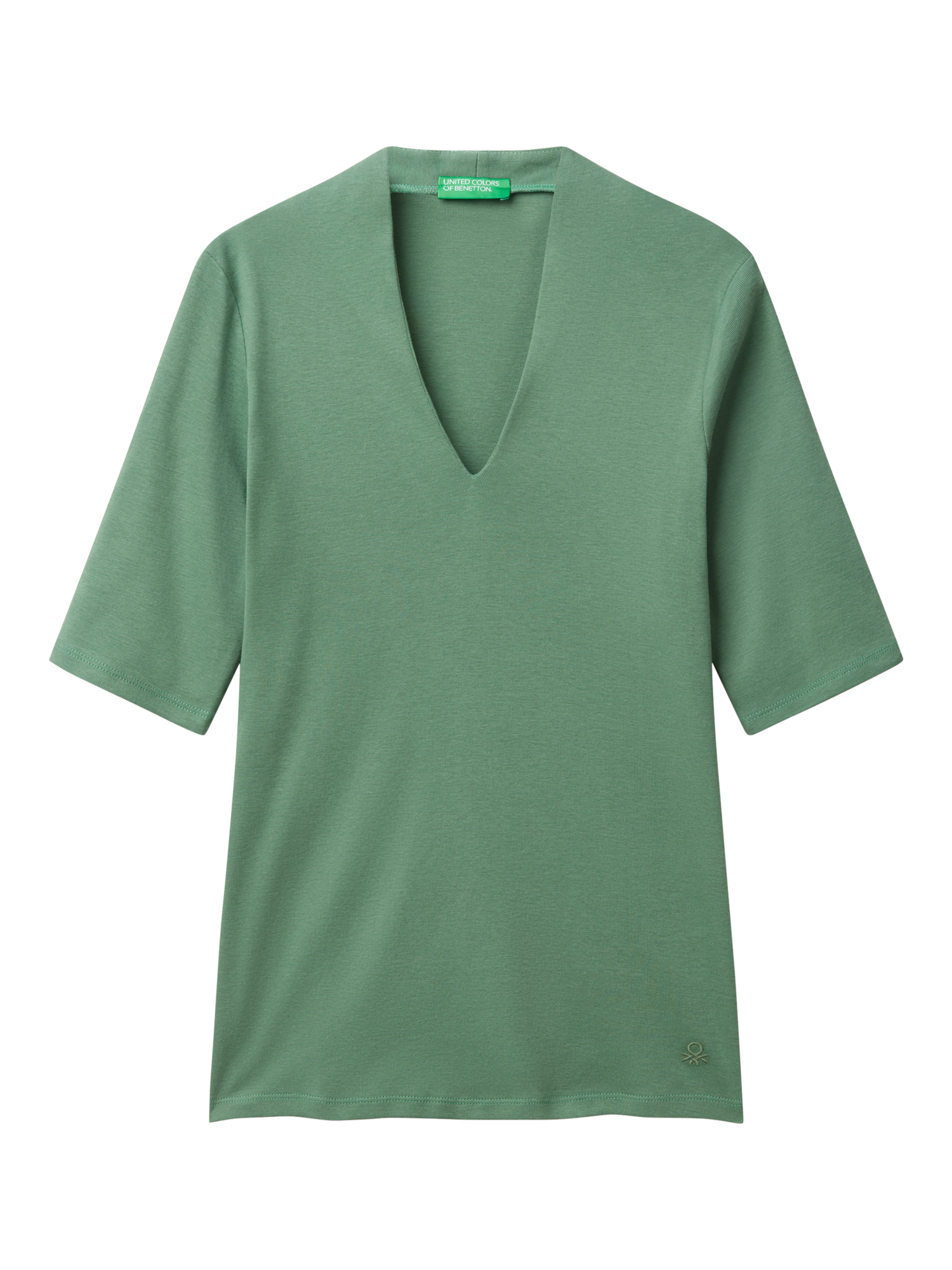 Product image 3 of 4, which shows Benetton Slim Fit V-Neck T-Shirt, Forest Green, XS