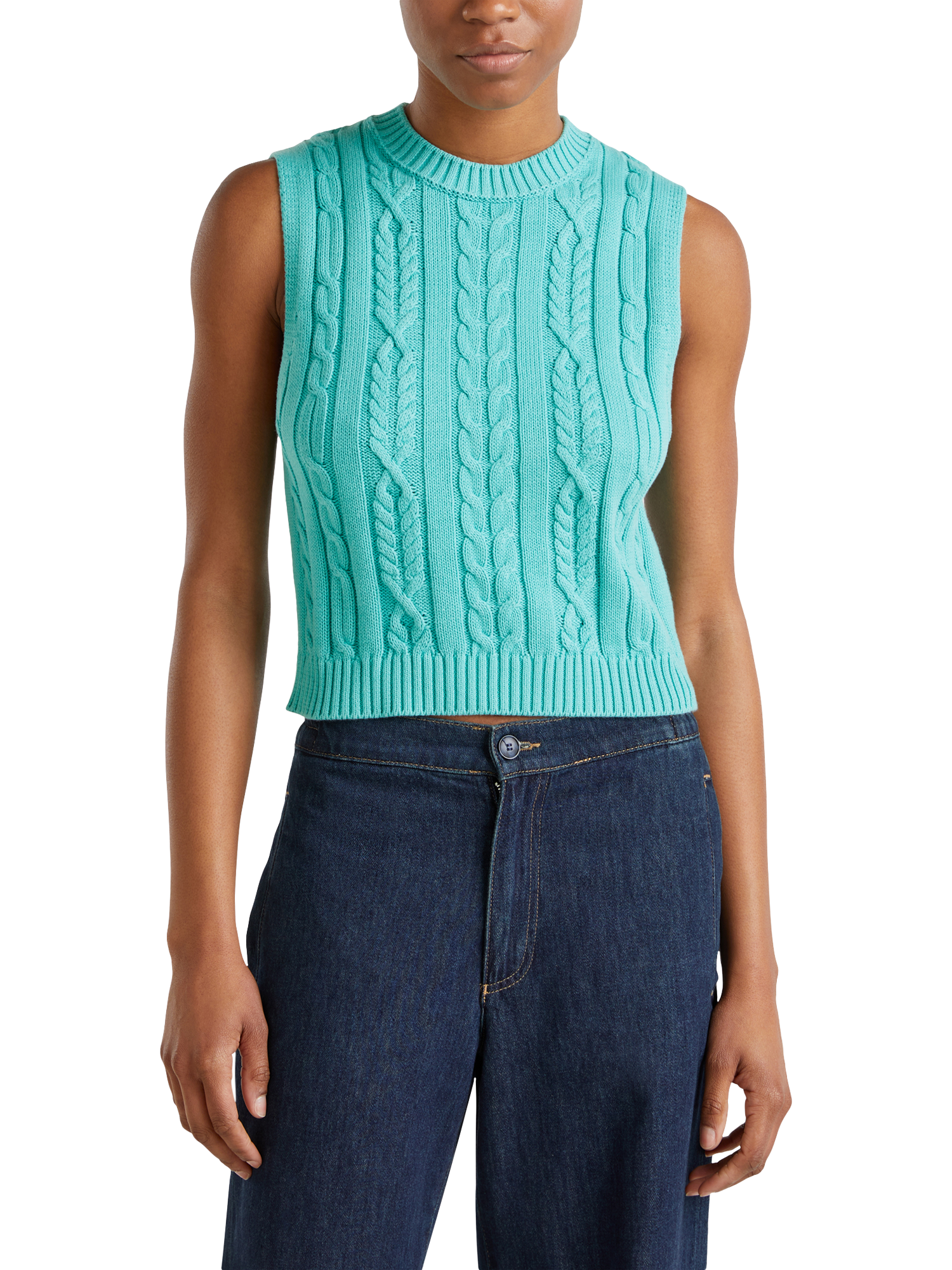 Product image 1 of 6, which shows Benetton Cable Knit Tank Top, Teal Green, S