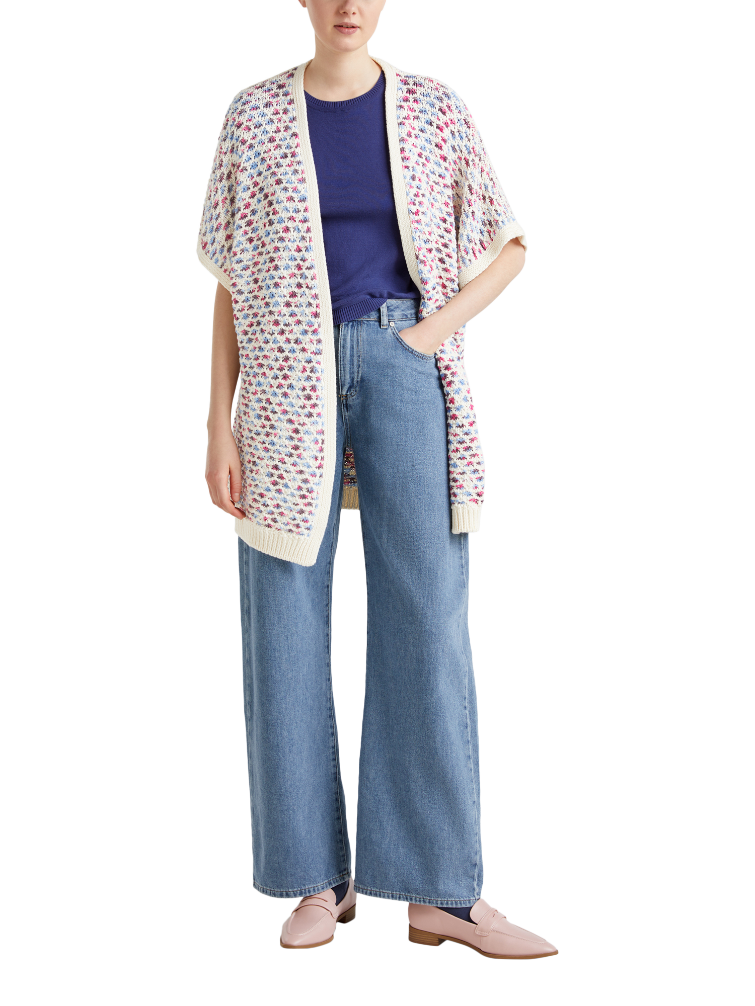 Product image 3 of 6, which shows Benetton Jacquard Knit Open Neck Cardigan, Multi, S
