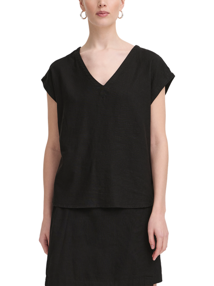 ICHI Ihlinno Linen Blend V-Neck Blouse, Black