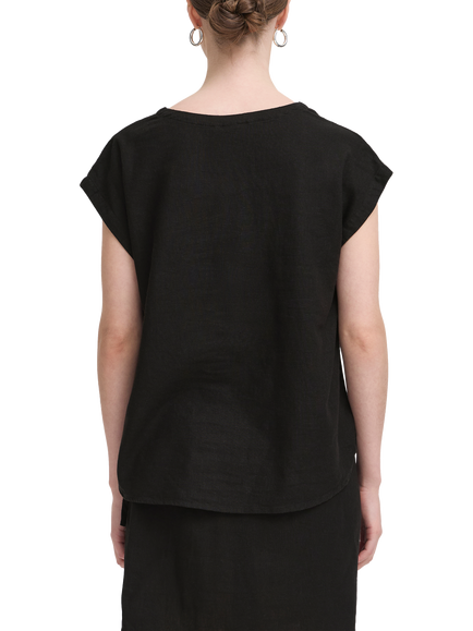 ICHI Ihlinno Linen Blend V-Neck Blouse - view 2, Black
