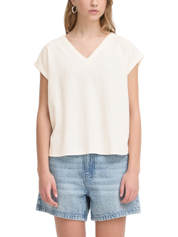 ICHI Ihlinno Linen Blend V-Neck Blouse, Cloud Dancer
