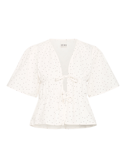 ICHI Ihxhazel Cotton Polka Dot Tie Front Blouse, Cloud Dancer, Cloud Dancer
