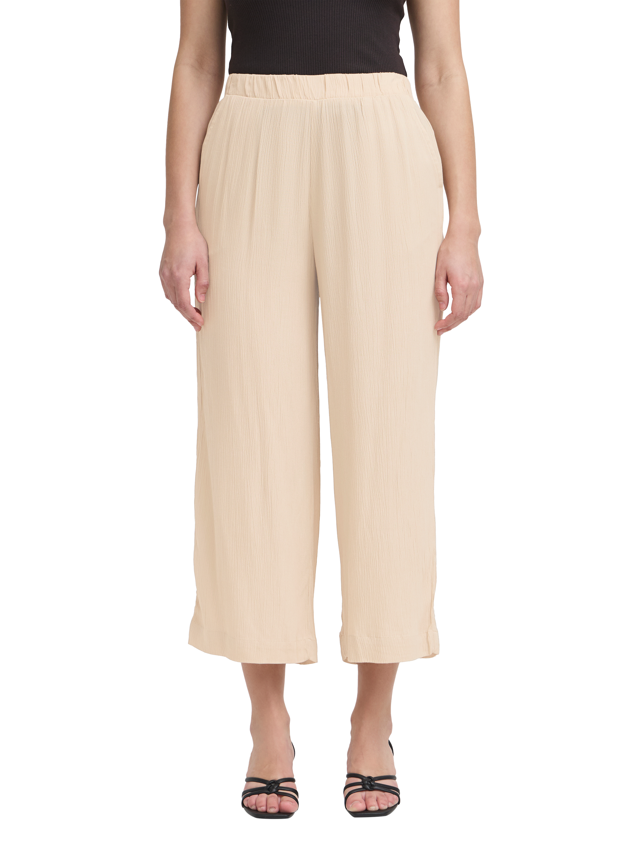 Product image 1 of 7, which shows ICHI Ihmarrakech Elasticated Waist Cropped Wide Leg Trousers, Oxford Tan, XXL