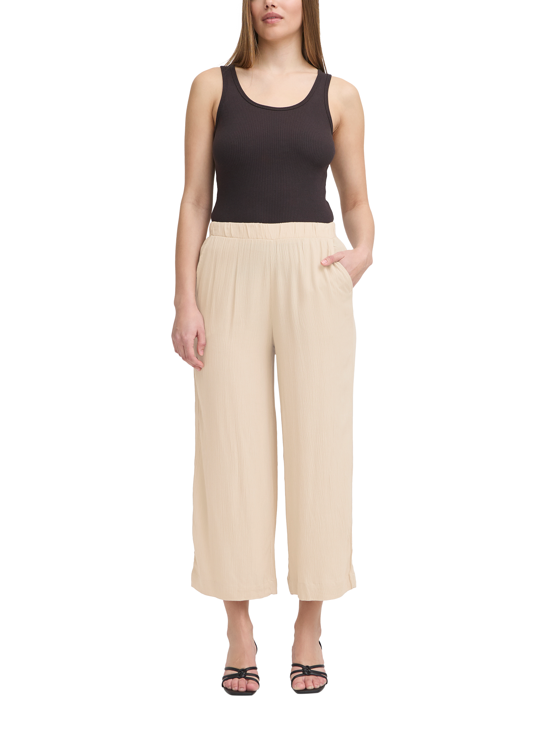 Product image 3 of 7, which shows ICHI Ihmarrakech Elasticated Waist Cropped Wide Leg Trousers, Oxford Tan, XXL