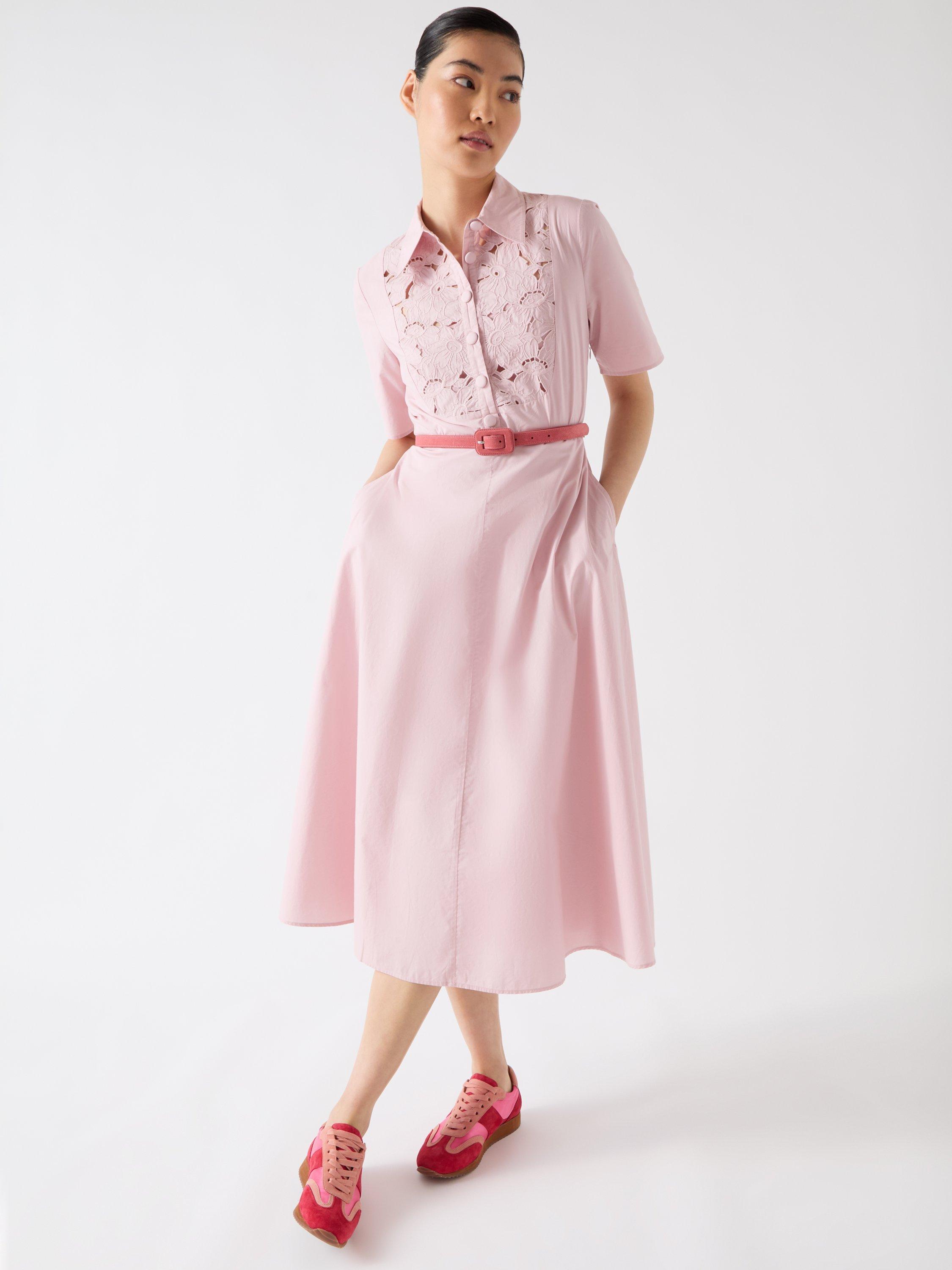 Product image 1 of 5, which shows L.K.Bennett Grace Embroidered Midi Shirt Dress, Light Pink, 20