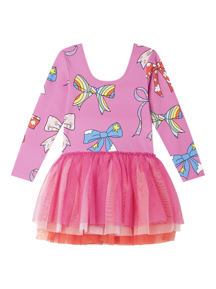 Stella McCartney Kids Kids' Jersey Bow Tulle Skirt Long Sleeve Dress, Fuxia/Multi