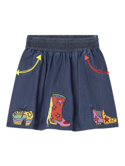 Stella McCartney Kids Kids' Cotton Denim Fit & Flare Embroidered Skirt, Navy Blue