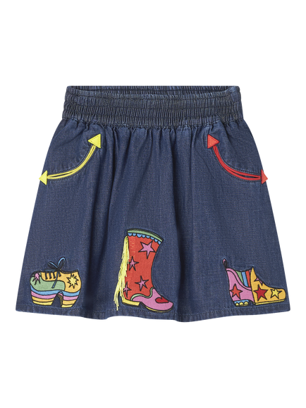 Stella McCartney Kids Kids' Cotton Denim Fit & Flare Embroidered Skirt, Navy Blue