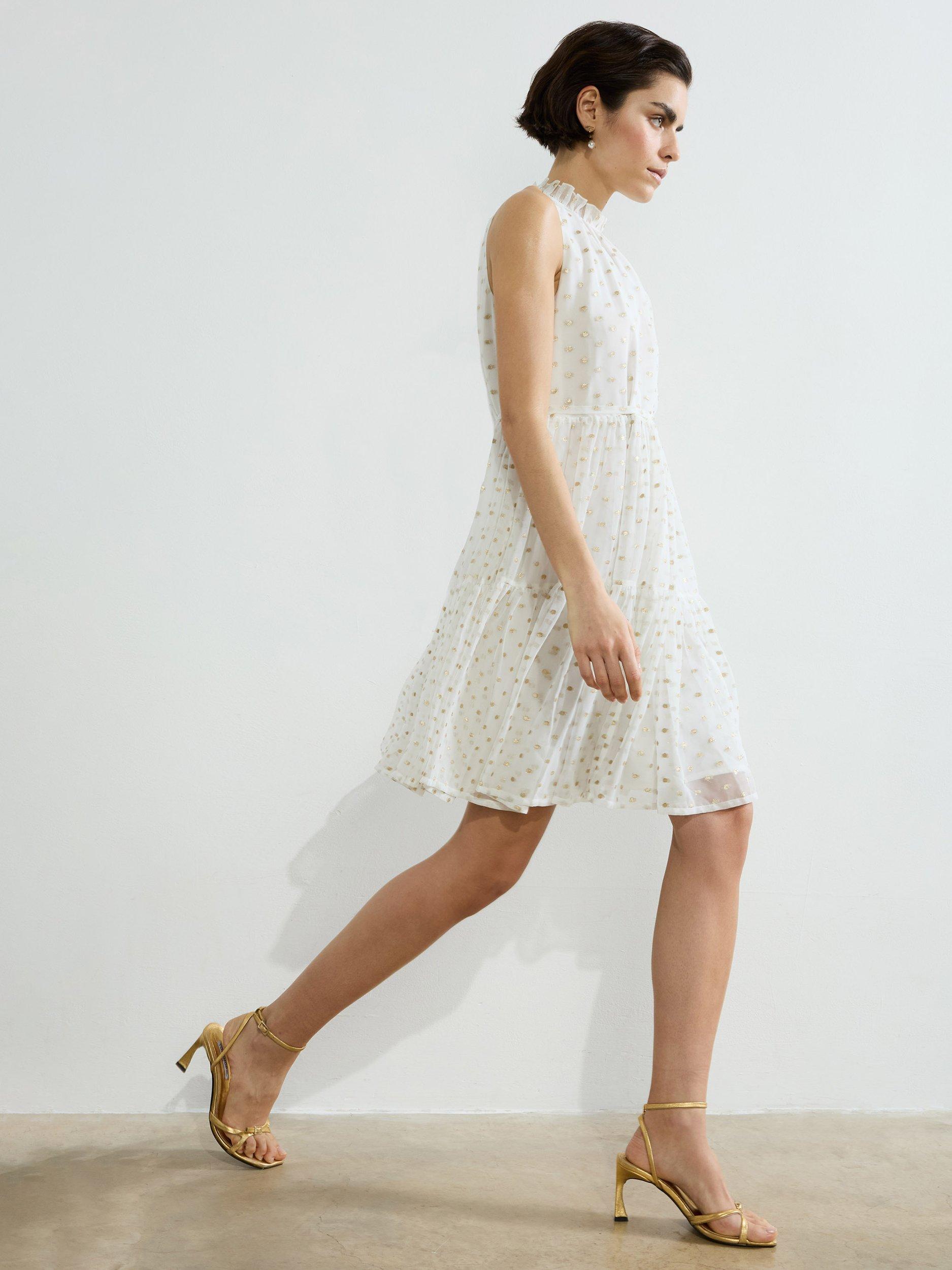 Product image 3 of 4, which shows French Connection Arlo Polka Dot Jacquard Tiered Dress, White/Multi, M