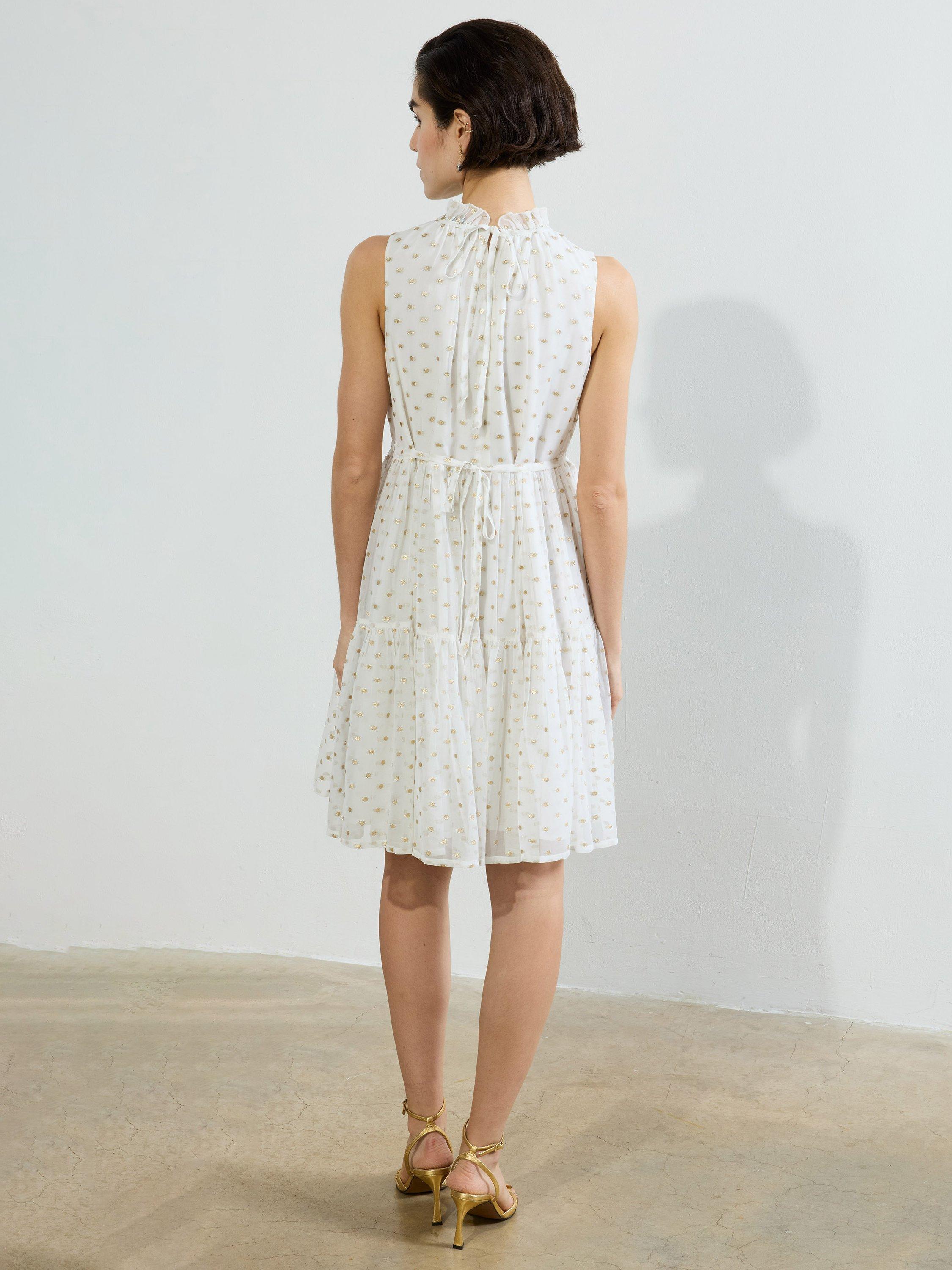 Product image 4 of 4, which shows French Connection Arlo Polka Dot Jacquard Tiered Dress, White/Multi, M