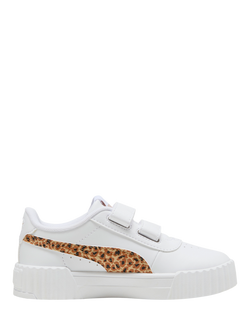 PUMA Kids' Carina 3.0 Lace Up Animal Print Trainers, White/Sand, White/Sand
