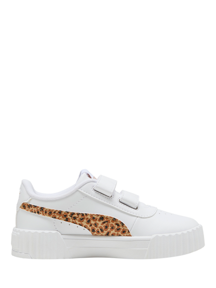 PUMA Kids' Carina 3.0 Lace Up Animal Print Trainers, White/Sand, White/Sand