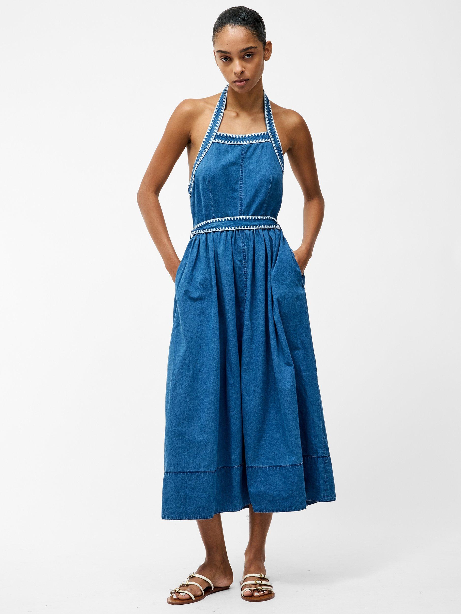 Product image 1 of 5, which shows French Connection Zaves Chambray Halterneck Dress, Blue, 8