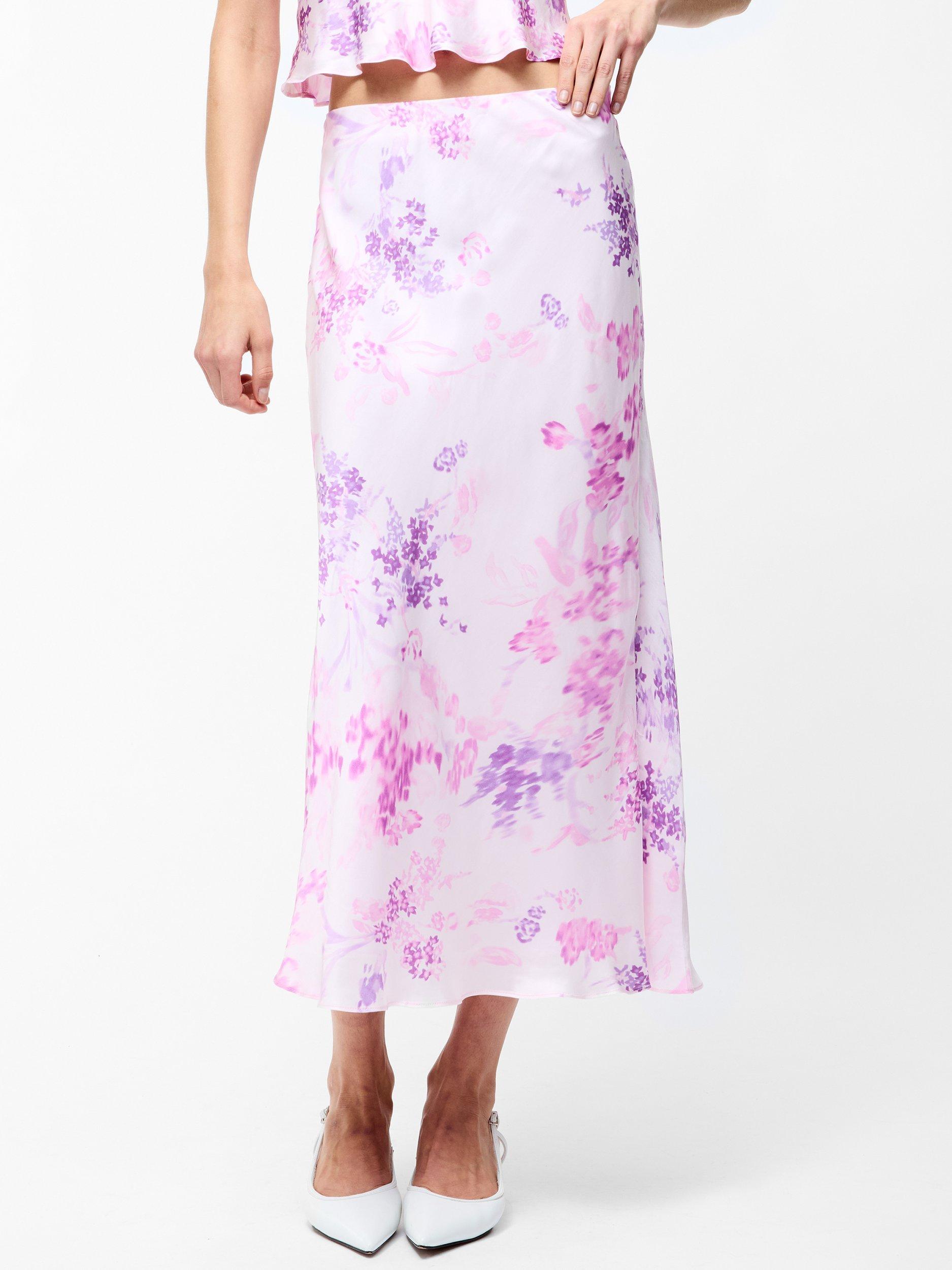 Product image 1 of 5, which shows French Connection Elyria Oona Satin Midi Skirt, Sweet Pink/Multi, XS