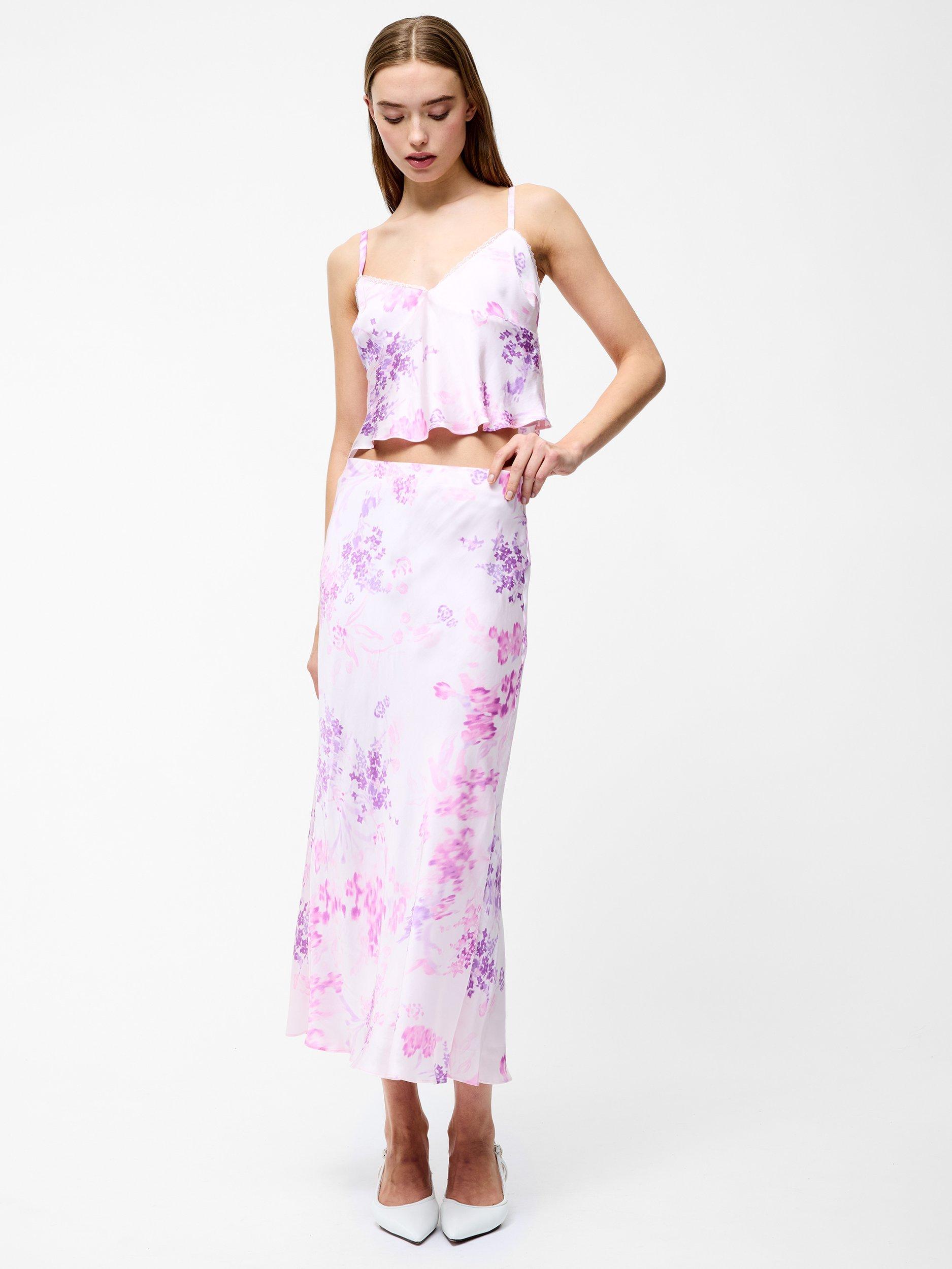 Product image 2 of 5, which shows French Connection Elyria Oona Satin Midi Skirt, Sweet Pink/Multi, XS