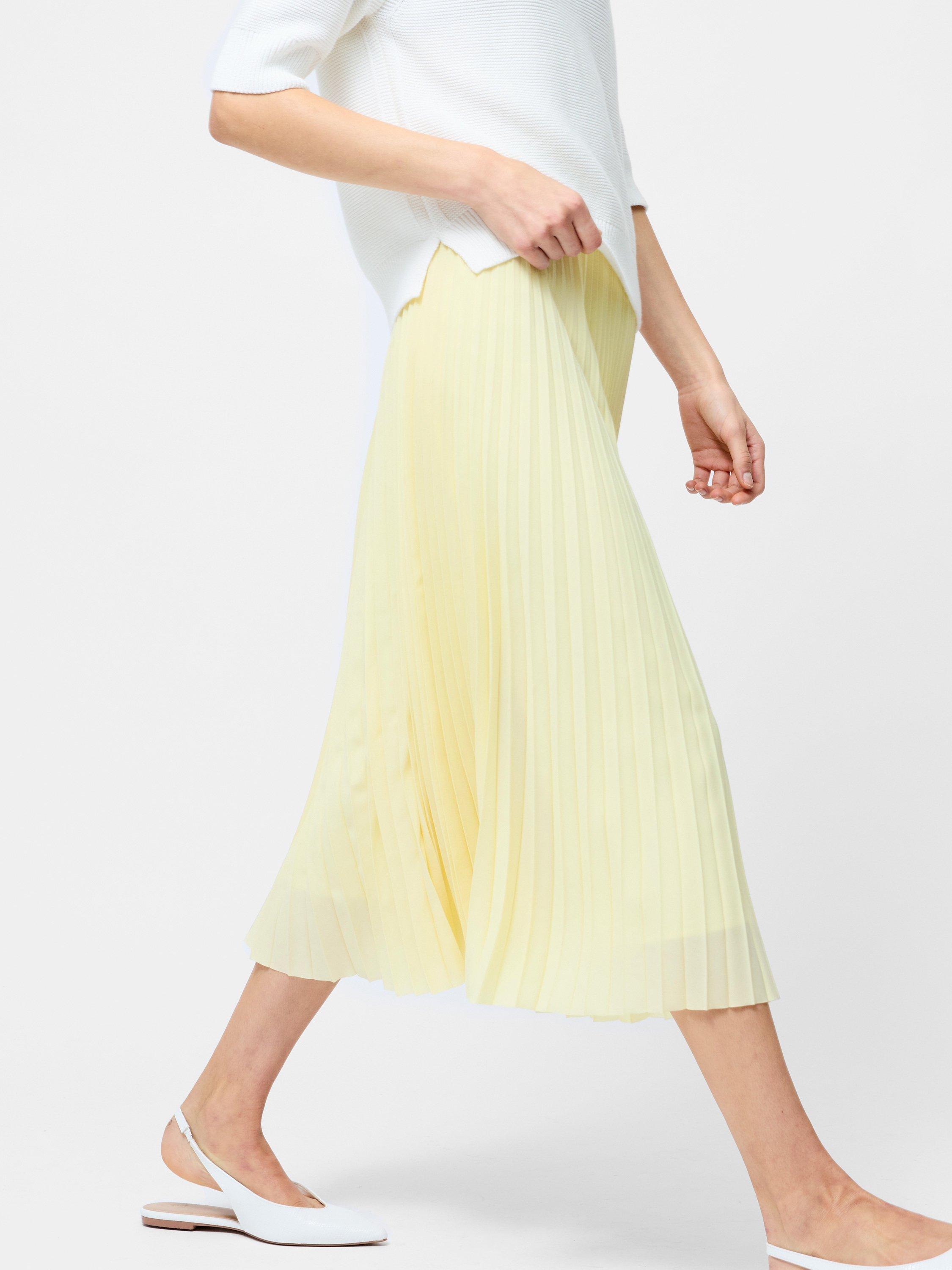 Product image 1 of 5, which shows French Connection Sunburst Crepe Pleated Midi Skirt, Yellow, L