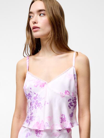 French Connection Elyria Oona Satin Babydoll Top, Sweet Pink/Multi, Sweet Pink/Multi