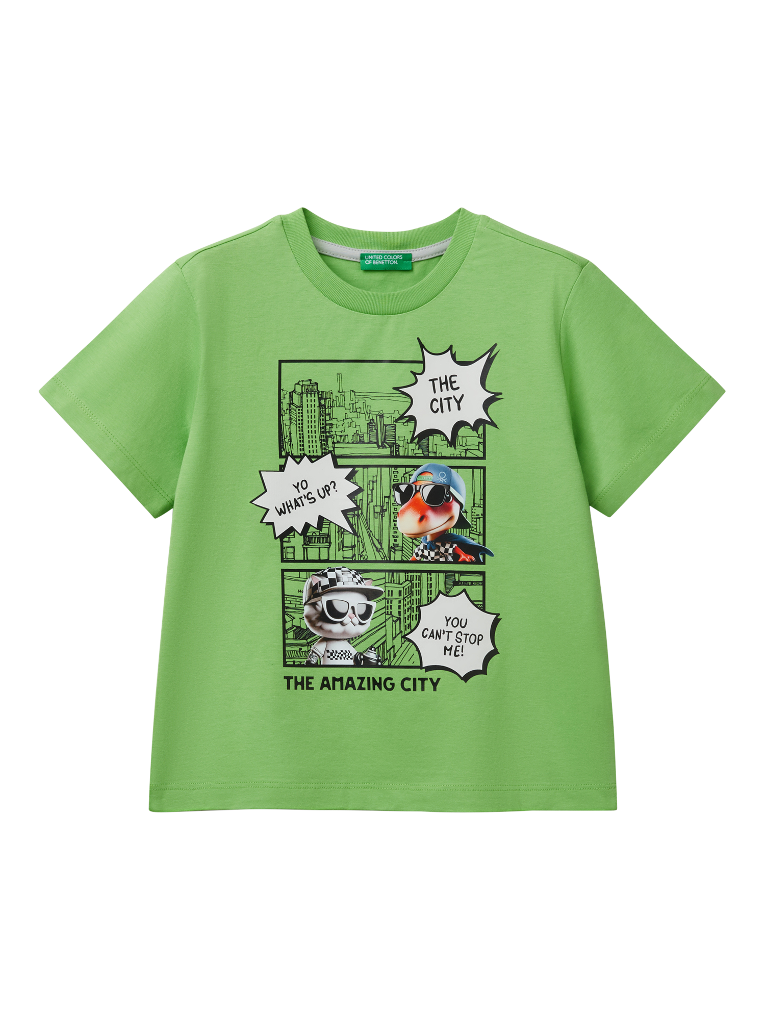 Benetton Kids' Comic Graphic T-Shirt, Green