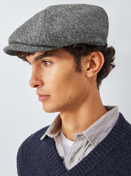 John Lewis Wool Herringbone Check Bakerboy Cap, Grey Mid, Grey Mid