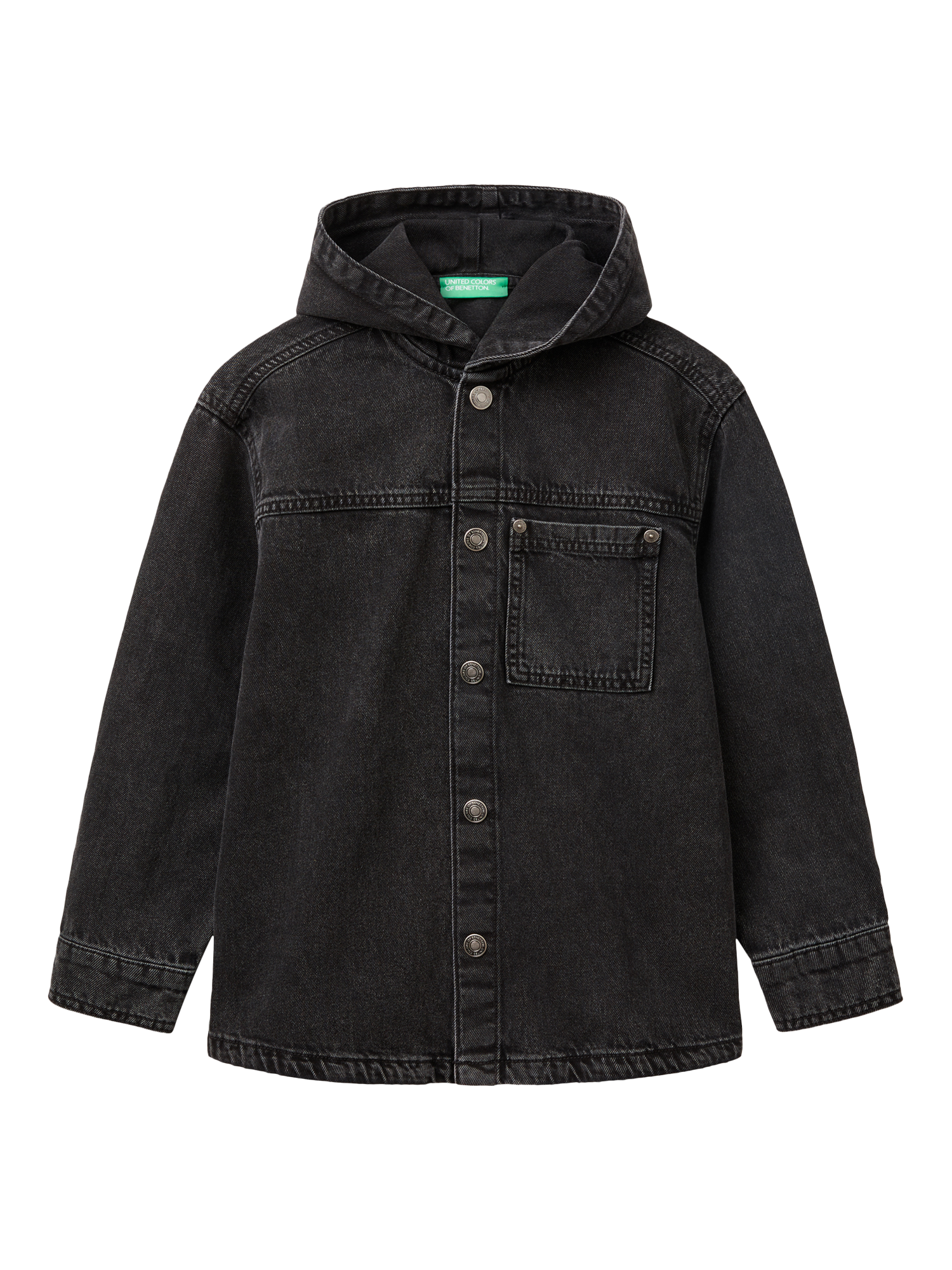 Benetton Kids' Denim Hooded Shirt Jacket, Black