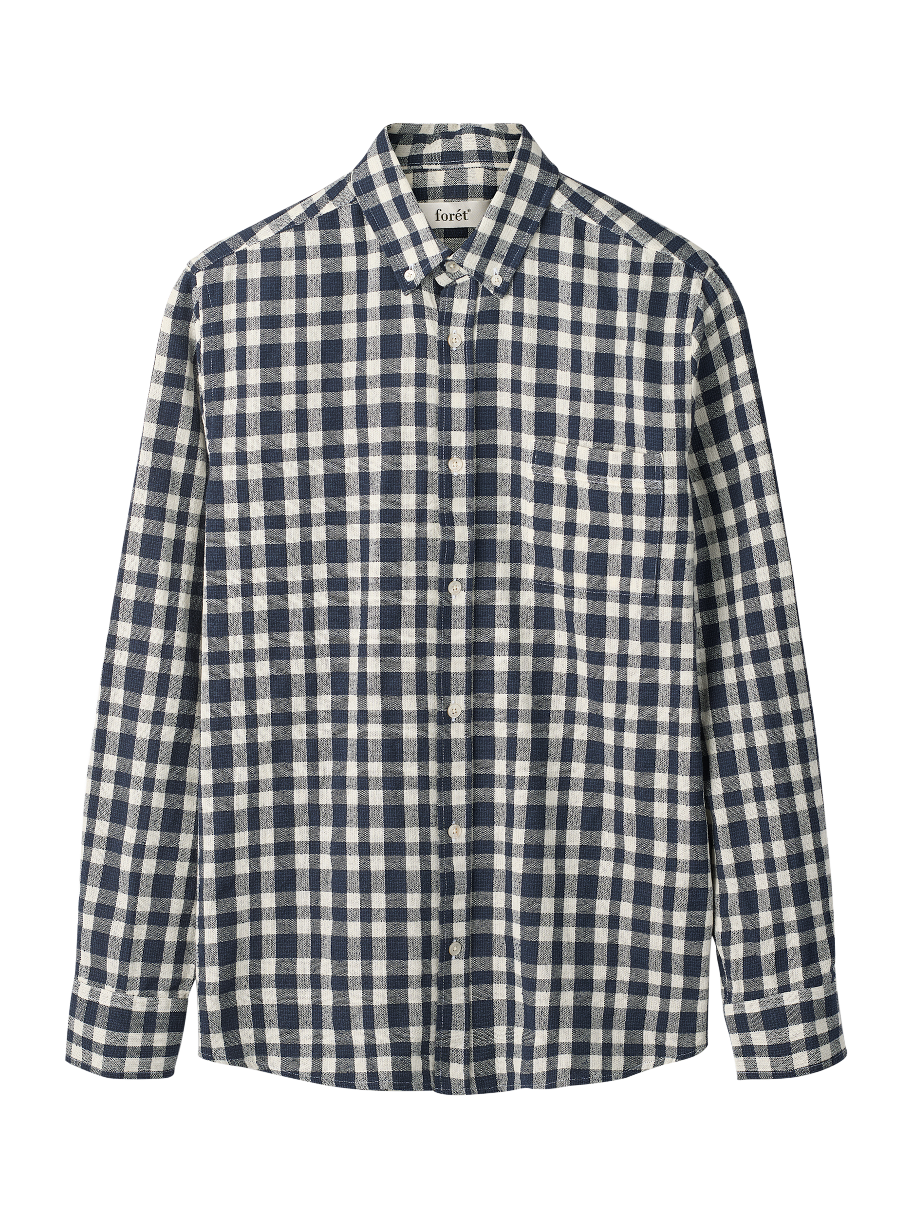 Product image 1 of 6, which shows forét Creek Boucle Check Shirt, Navy/Cloud, S