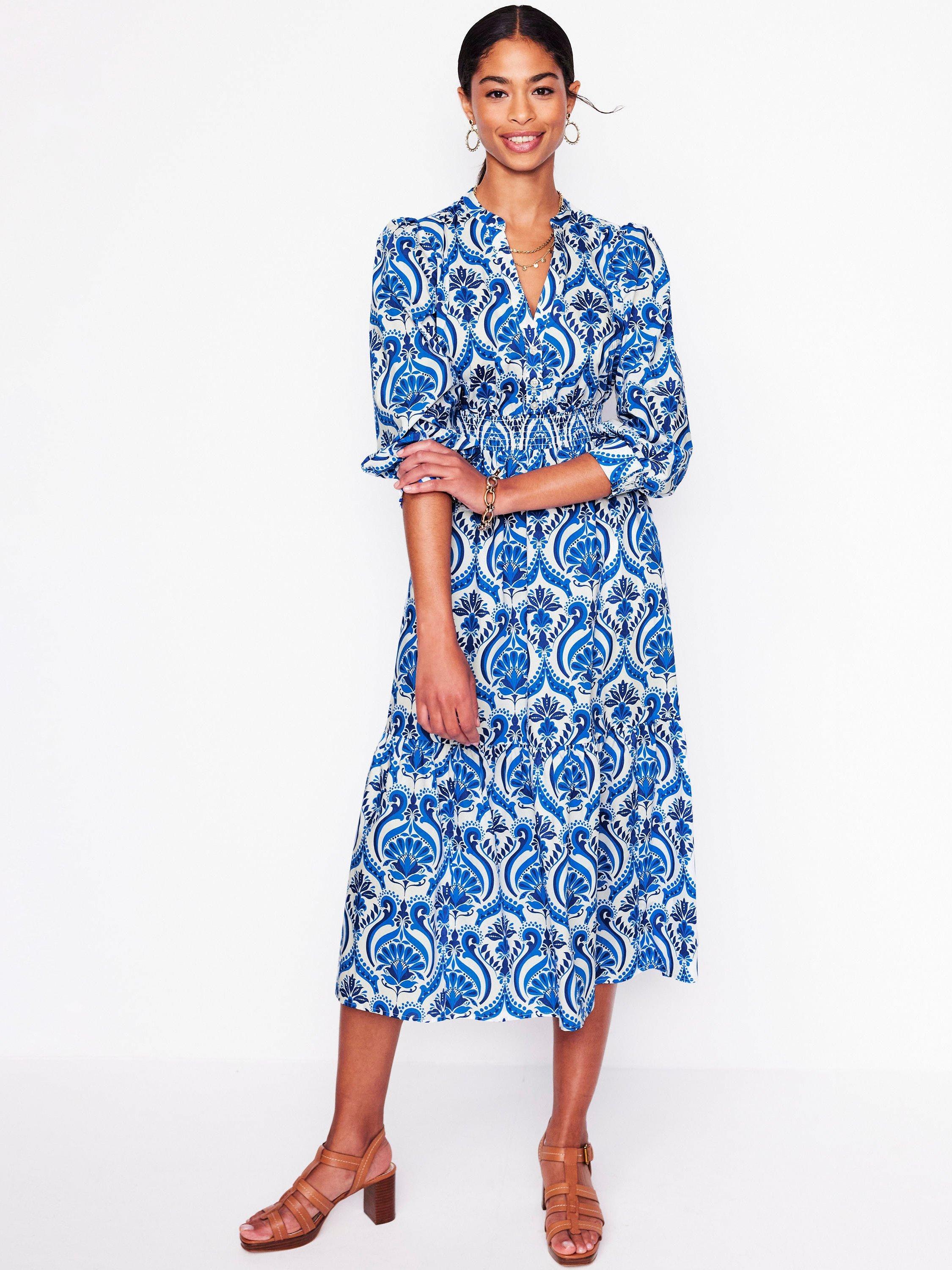 Product image 1 of 5, which shows Boden Elena Floral Tiered Midi Dress, Blue/Multi, 8