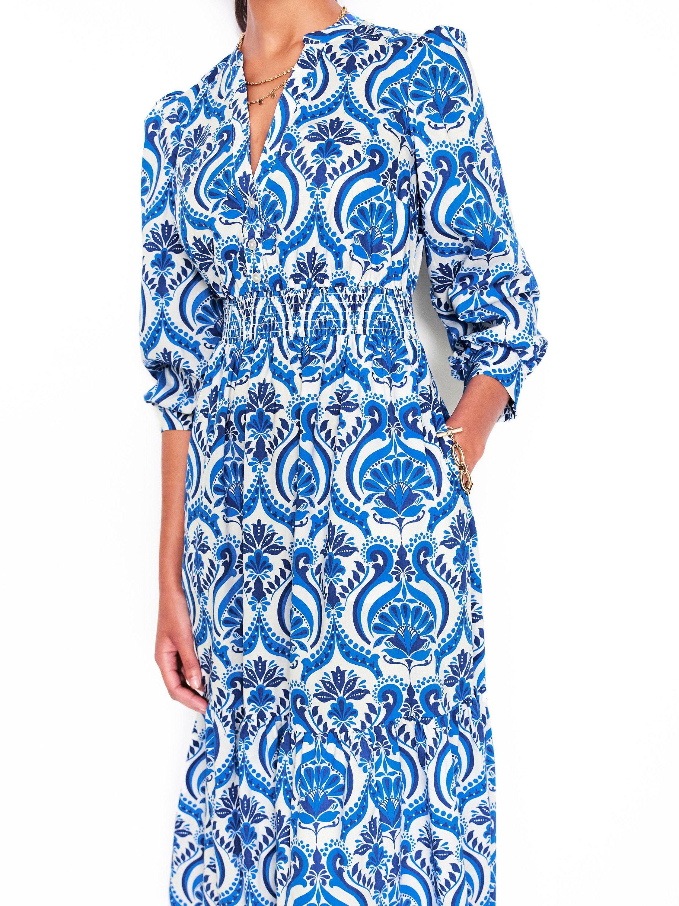Product image 2 of 5, which shows Boden Elena Floral Tiered Midi Dress, Blue/Multi, 8