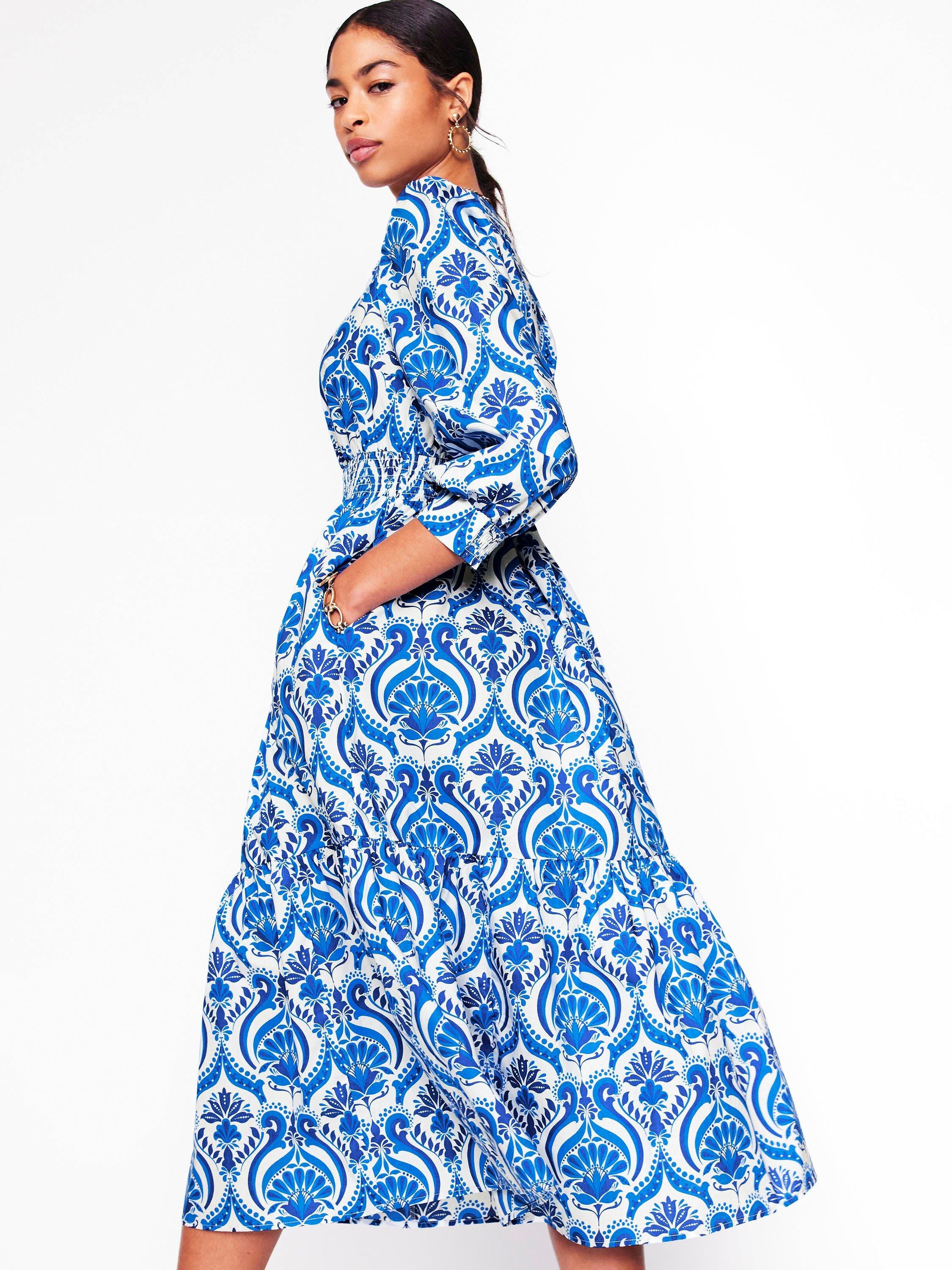 Product image 4 of 5, which shows Boden Elena Floral Tiered Midi Dress, Blue/Multi, 8