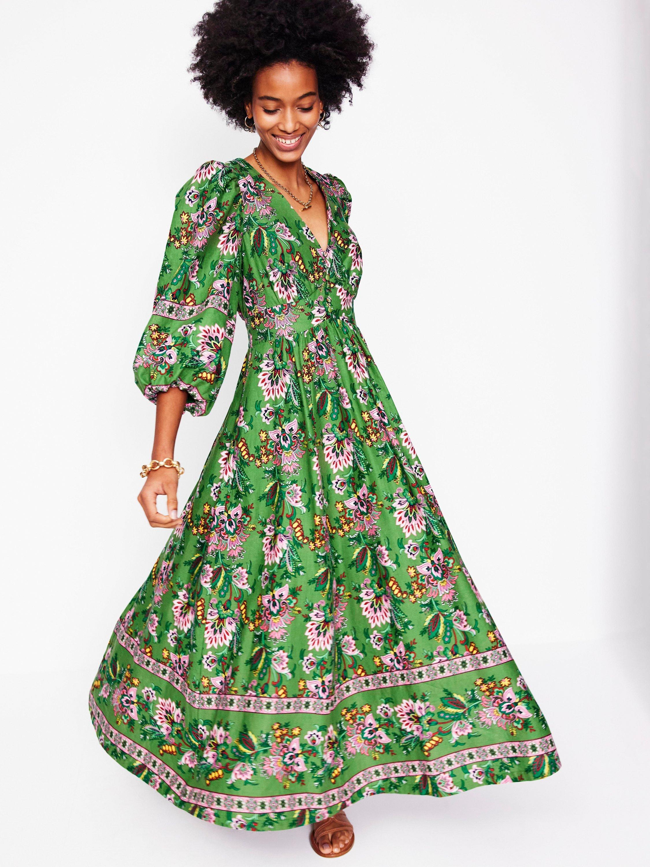 Product image 1 of 5, which shows Boden Lola Floral Linen Rich Maxi Dress, Green/Multi, 10
