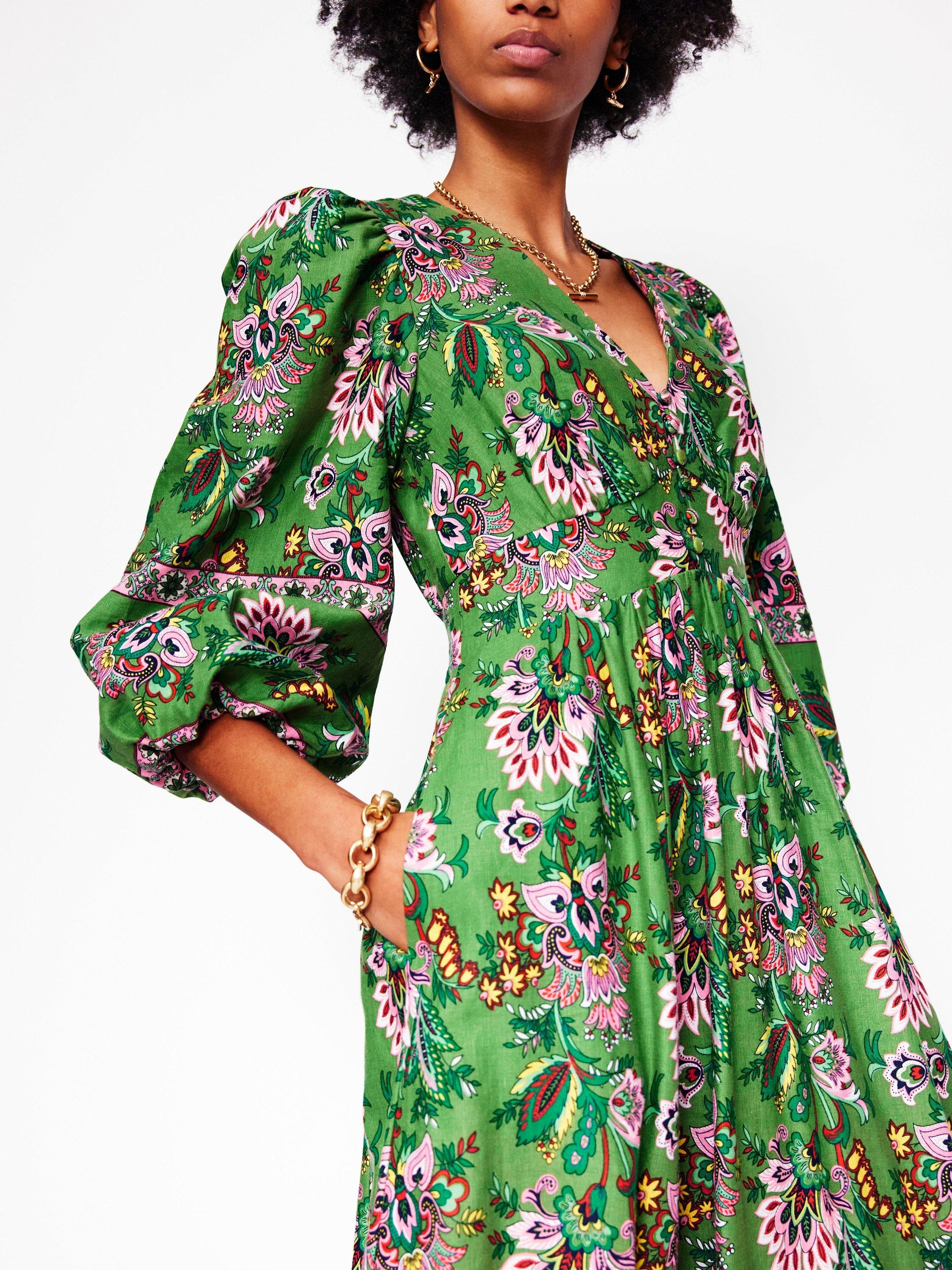 Product image 2 of 5, which shows Boden Lola Floral Linen Rich Maxi Dress, Green/Multi, 10
