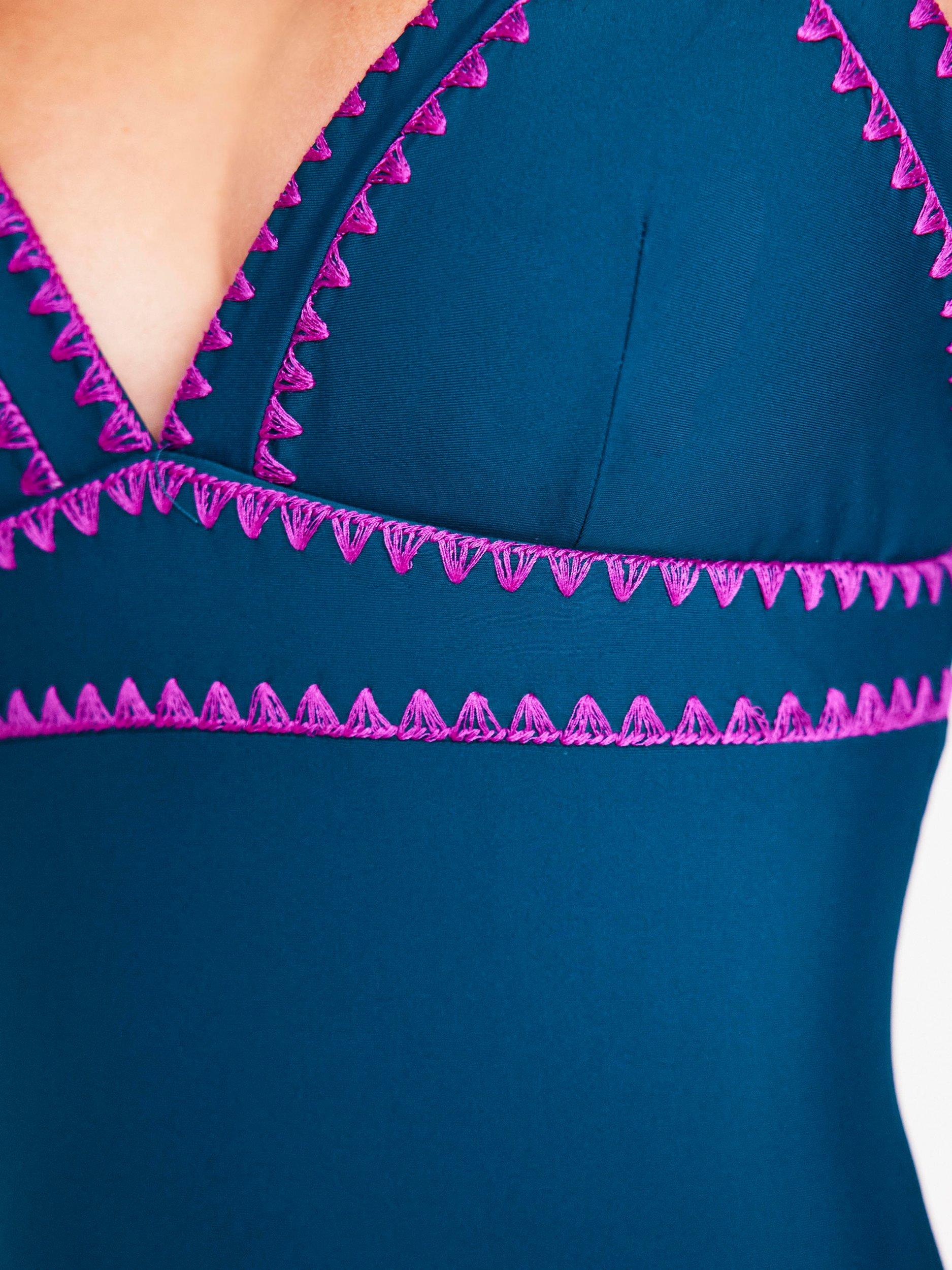 Product image 2 of 6, which shows Boden Kasos Embroidered Trim Swimsuit, Oceanside/Fuchsia, 8