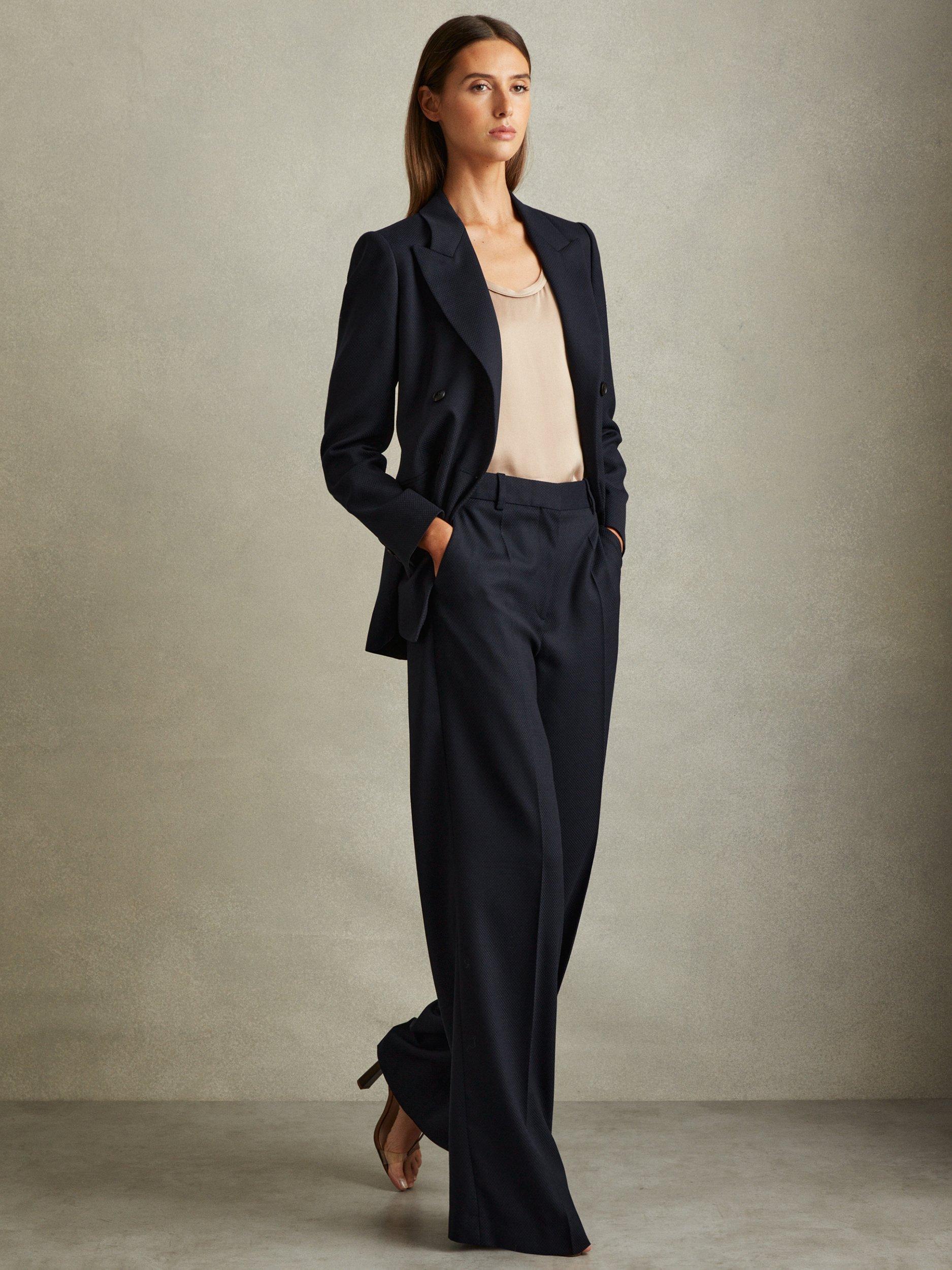 Product image 1 of 5, which shows Reiss Petite Hallie Wool Blend Wide Leg Trousers, Navy, 6Pt