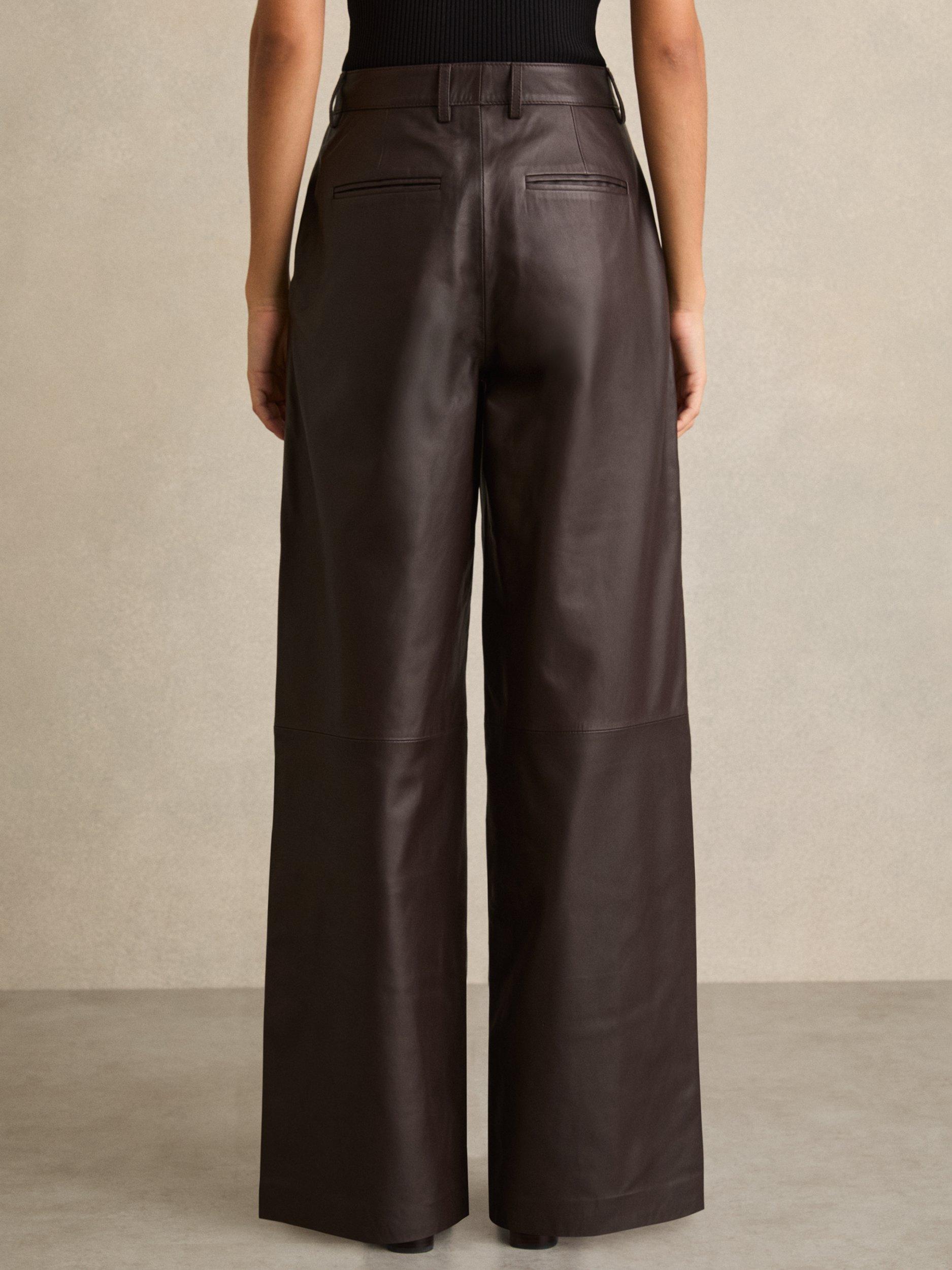 Product image 2 of 5, which shows Reiss Mercey Leather Wide Leg Trousers, Chocolate, 6R